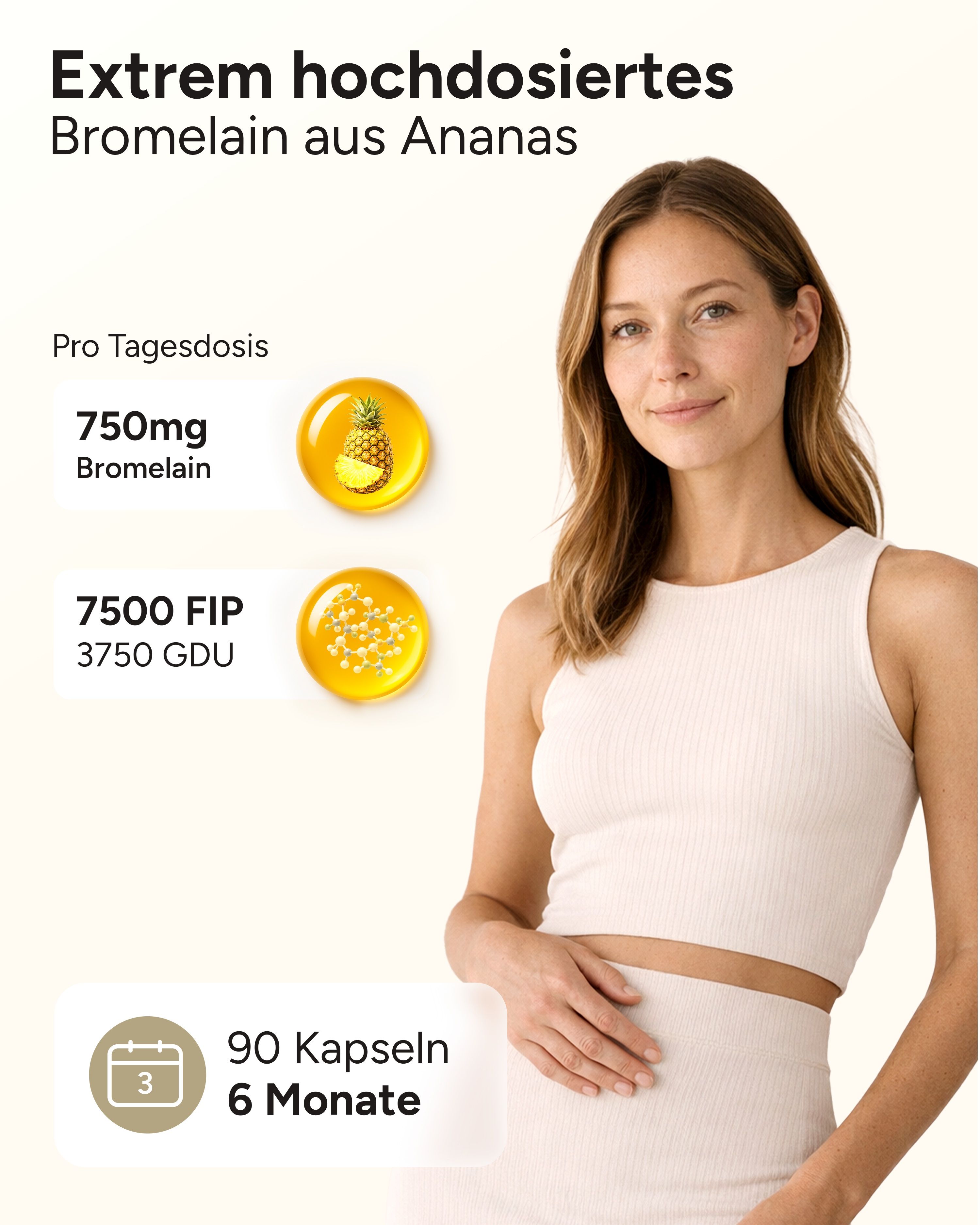 Frau mit Produktinformationen. 750mg Bromelain, 7500 FIP. 90 Kapseln, 6 Monate.
