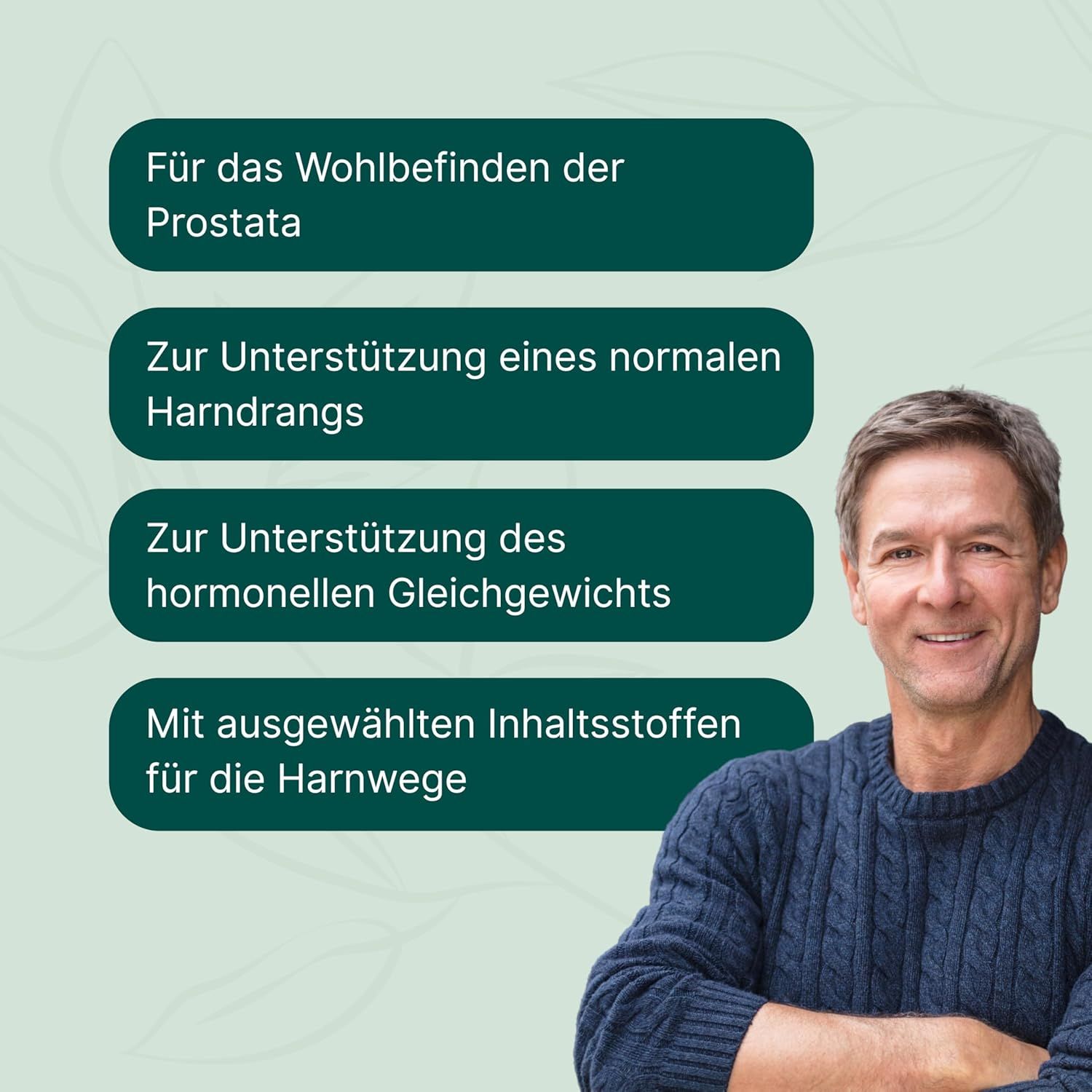 Mann mit blauer Jacke. Text: Für Prostata, Unterstützung Harndrang, hormonelles Gleichgewicht, Inhaltsstoffe für Harnwege.