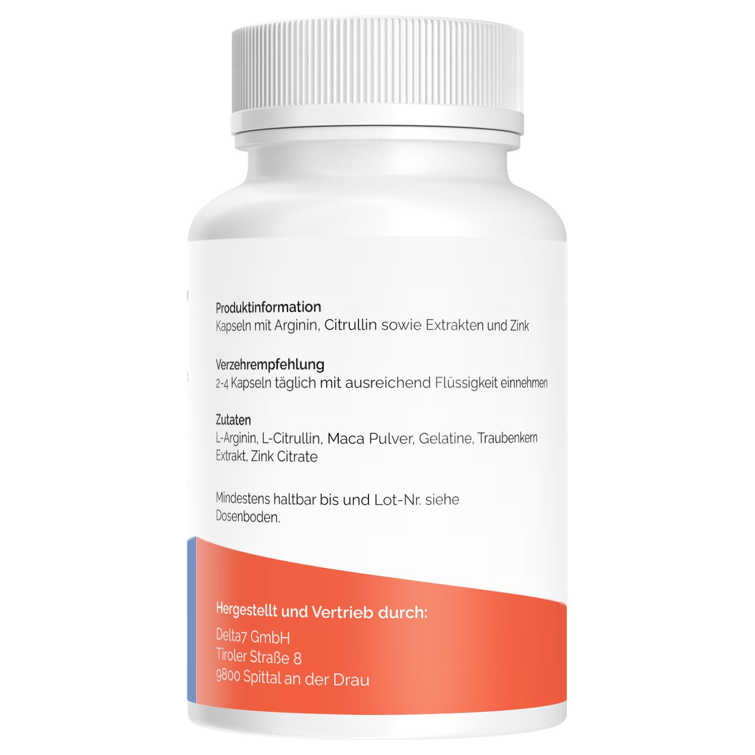 Rückseite Aboxol 450 Flasche: Produktinformationen, Zutaten L-Arginin, Maca, Zink. Hergestellt und vertrieben.