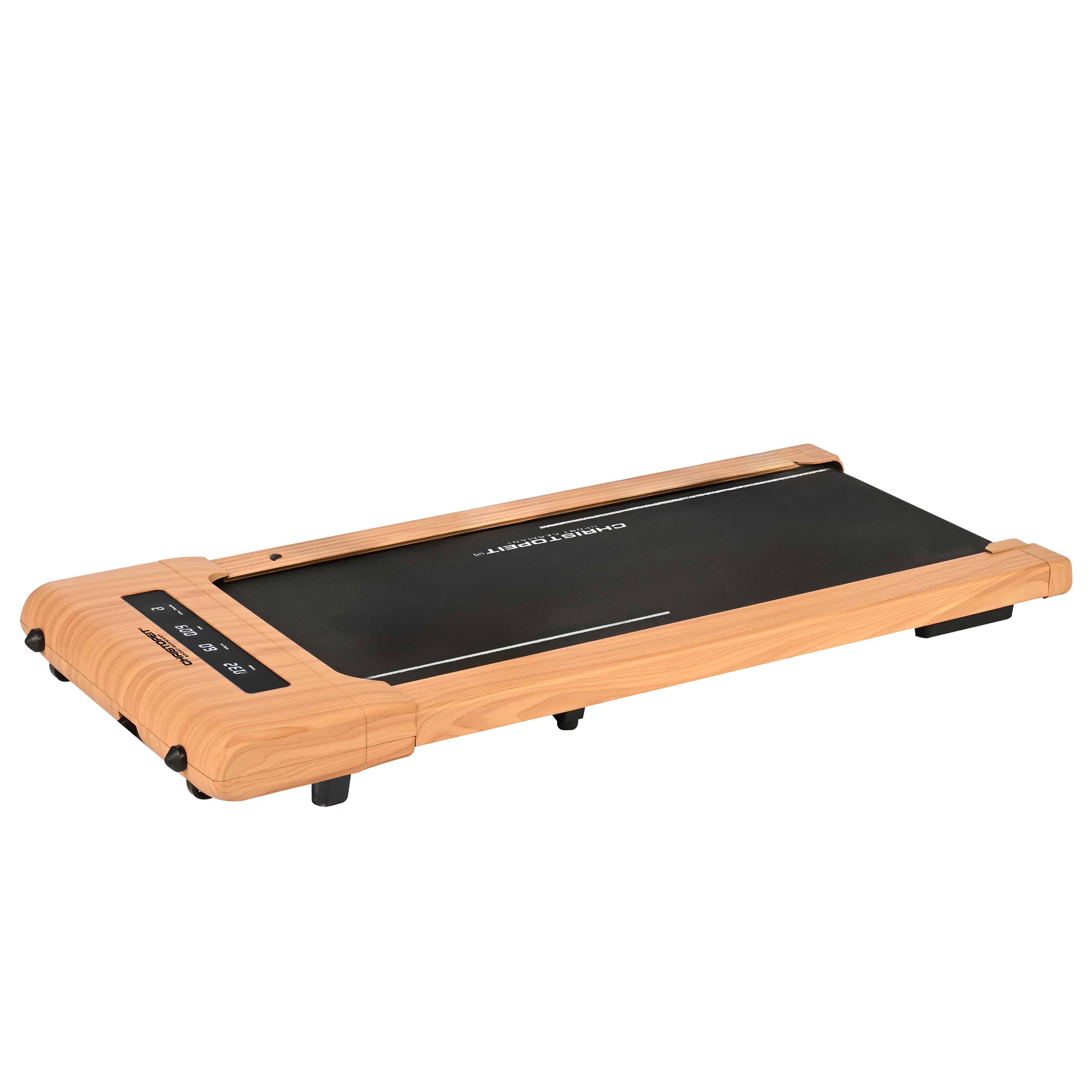 Gehpad mit Holzoptik. Schwarze Lauffläche, Bedienfeld. CHRISTOPEIT SPORT Schriftzug.