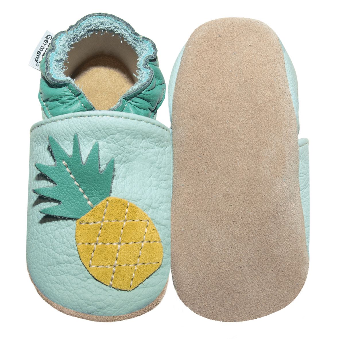 Baby-Lederschuh, hellblau mit Ananas-Motiv. Marke: HOBEA-Germany. Gelbe Ananas-Applikation, grüne Blätter. Weiche Sohle. Einzelansicht.