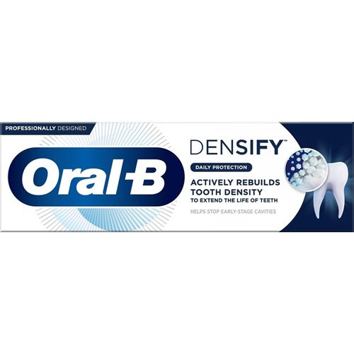 Zahnpasta-Tube. Blau-weißes Design. Schriftzug Oral-B, Densify, Daily Protection. Enthält Abbildung eines Zahns.