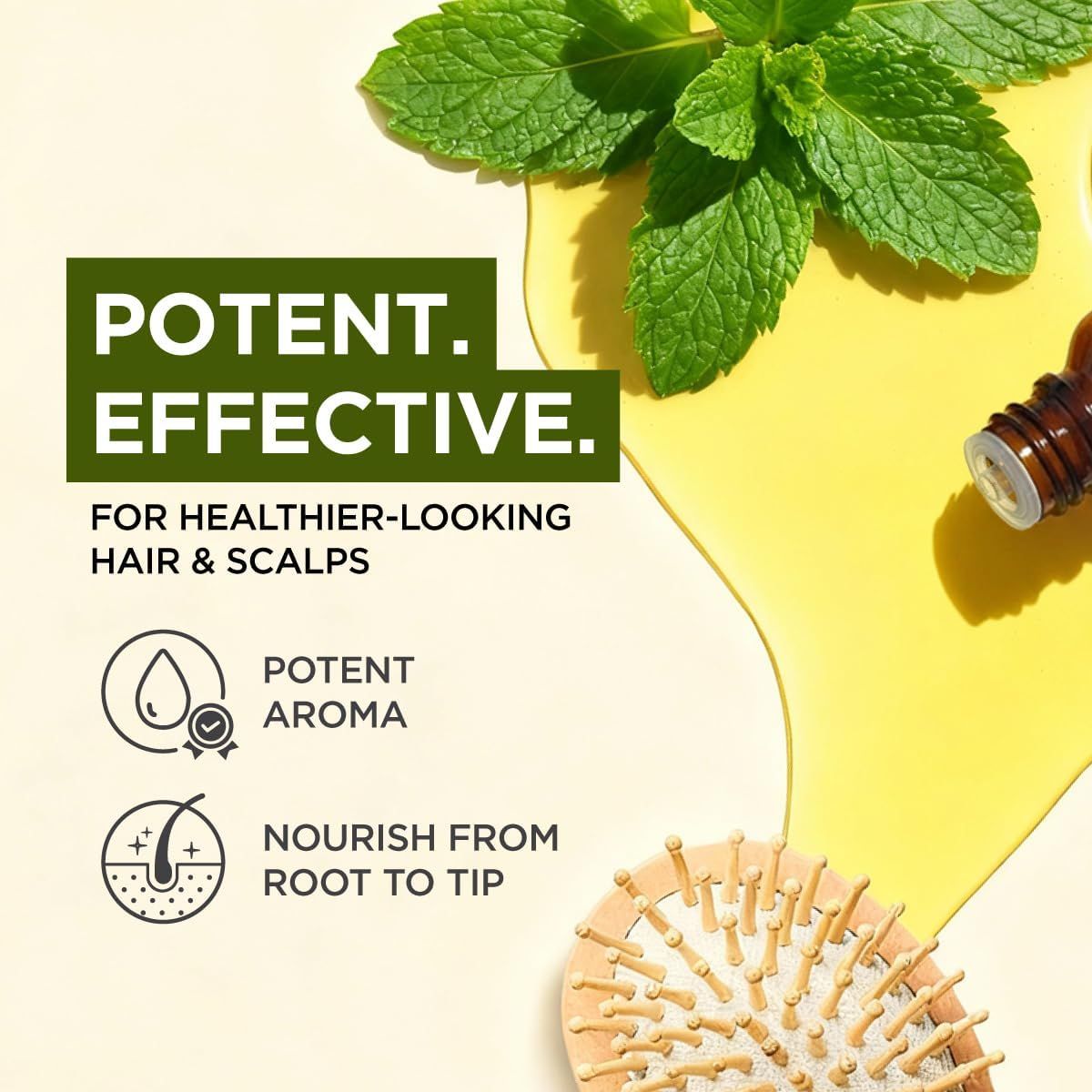 Grüner Hintergrund mit Minzblättern und Öl. Text: Wirksam für gesünder aussehendes Haar und Kopfhaut. Symbole: Aroma, Wurzel bis Spitze.