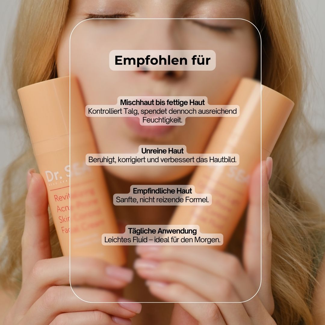 Zwei beige Flaschen. Aufschrift: Dr. SEA. Text: Empfohlen für Mischhaut, unreine Haut, empfindliche Haut.