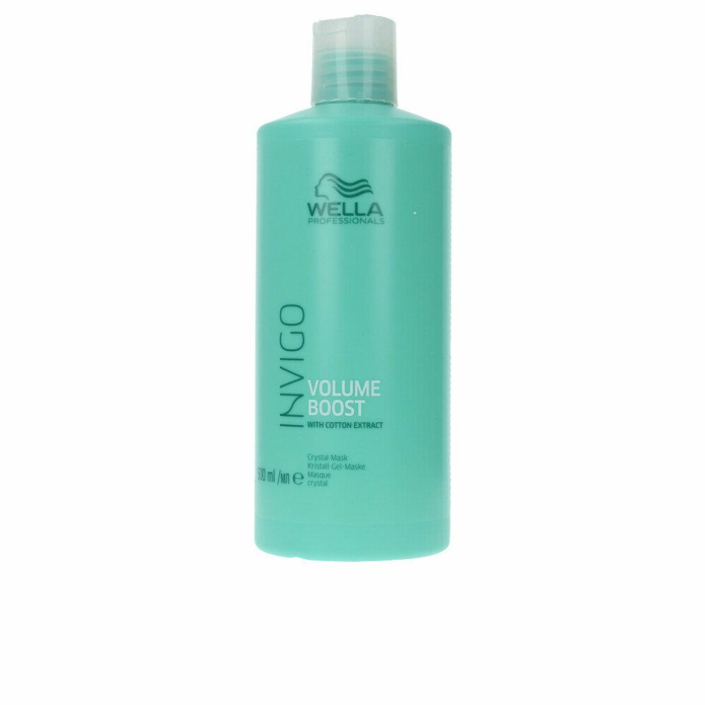 Türkisgrüne Flasche mit weißem Deckel. Aufschrift: Wella Invigo Volume Boost. Mit Baumwollextrakt. 500 ml.