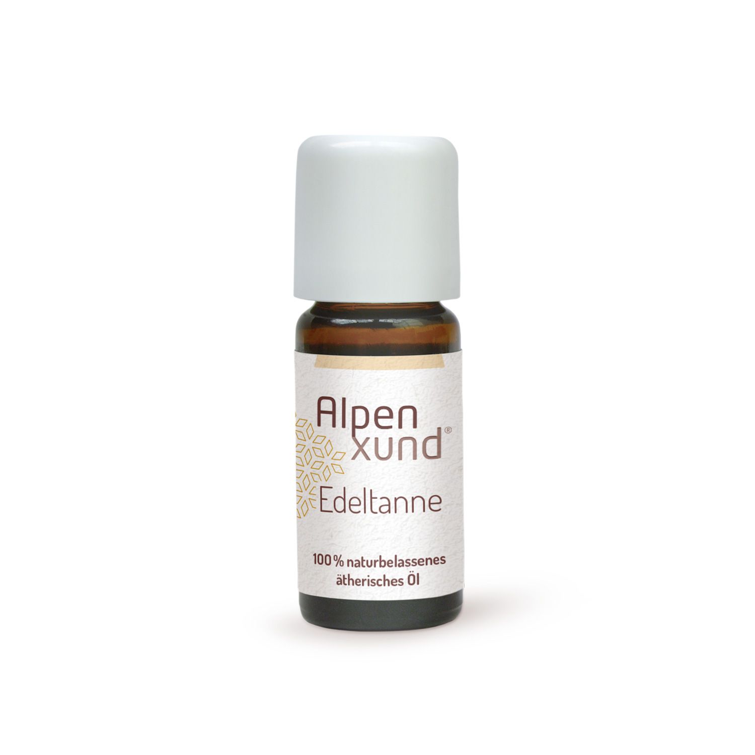 Braune Glasflasche mit weißem Deckel. Etikett mit AlpenXund und Edeltanne.