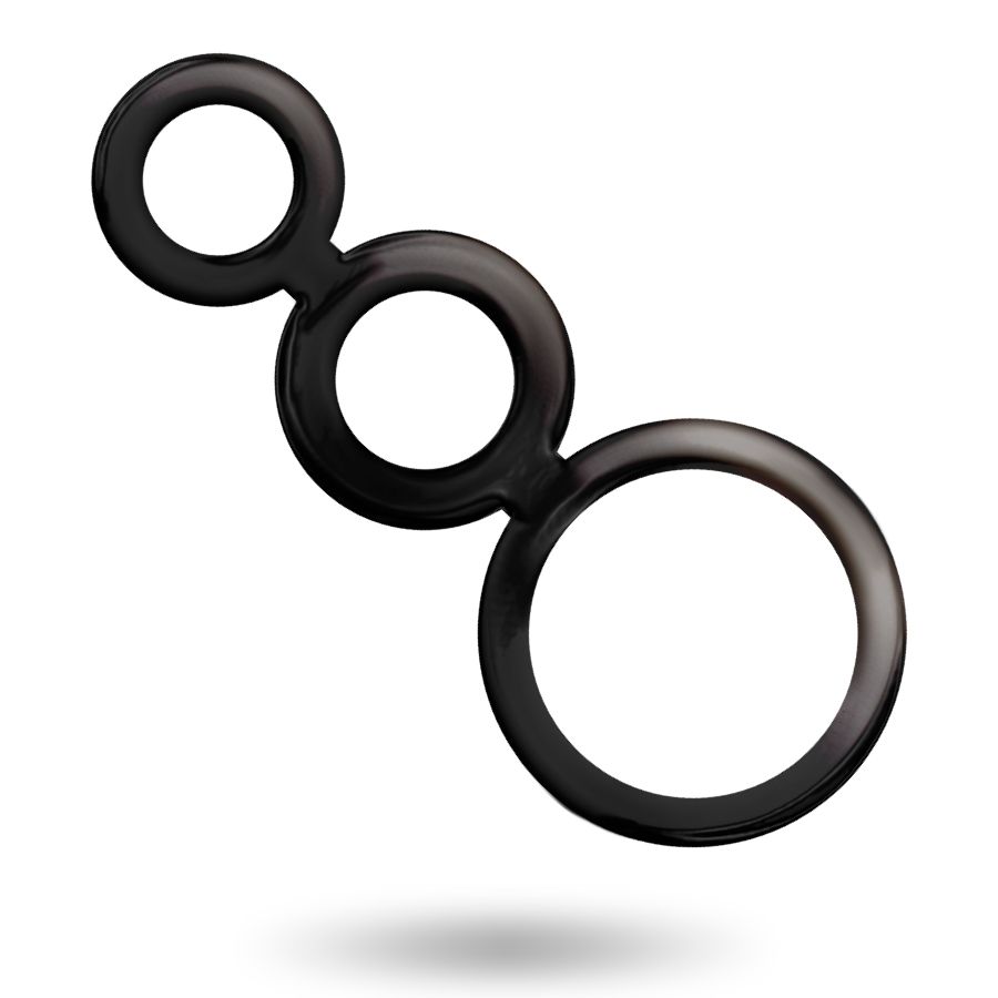 Drei schwarze Ringe, verbunden. Ein kleiner, ein mittlerer und ein großer Ring. Glänzende Oberfläche. Mit Schatten.
