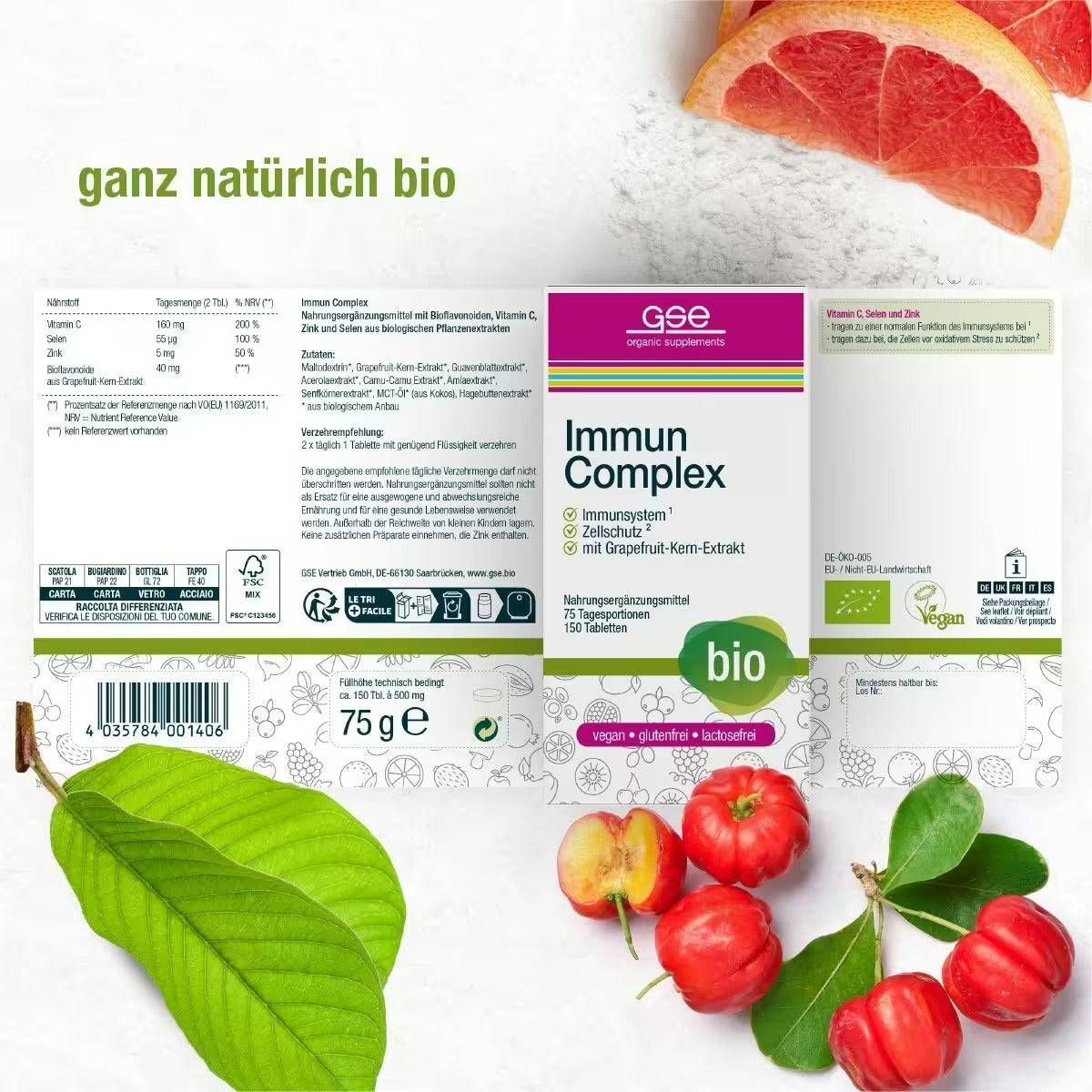 Geöffnete Produktverpackung mit GSE Immun Complex. Aufschrift: Immun Complex, 75 Tagesportionen, bio, vegan, glutenfrei, lactosefrei.