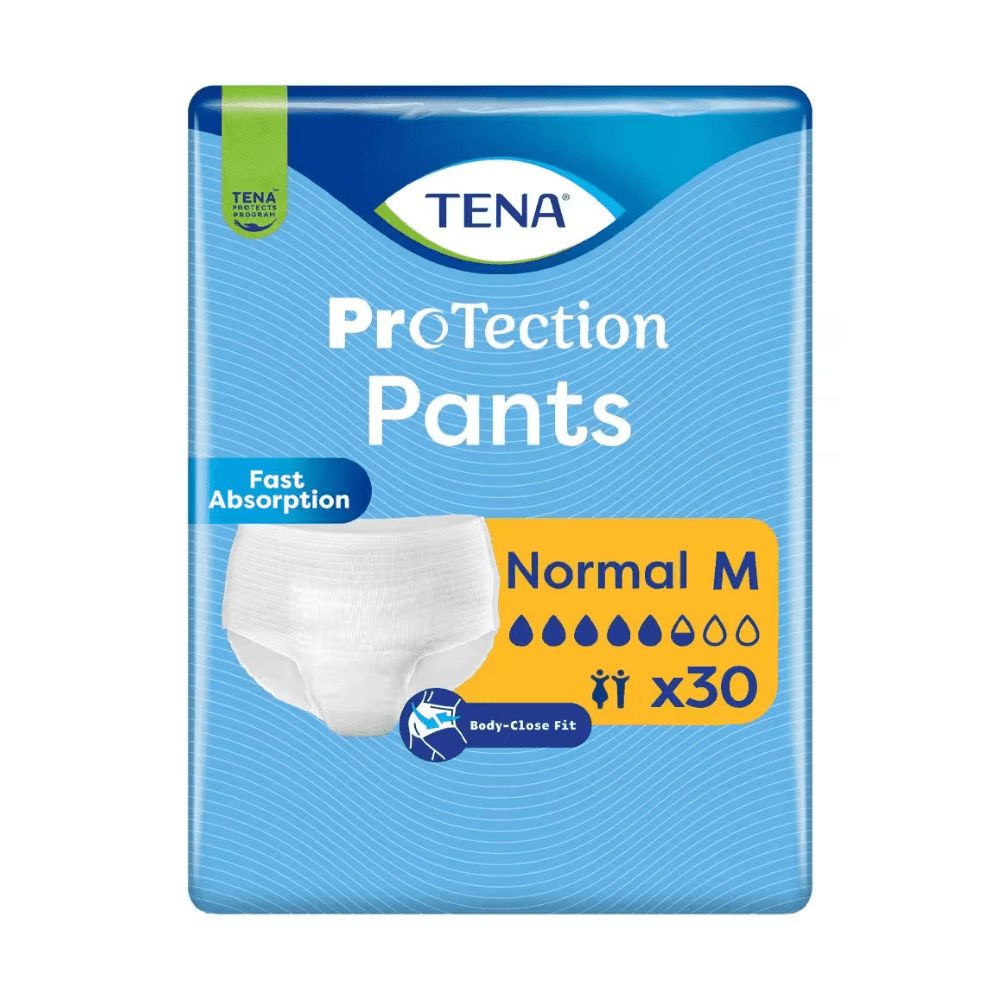Verpackung mit TENA ProTect Pants. Blaue Verpackung mit Produktabbildung. Aufschrift: Normal, M, x30. Logo: TENA.