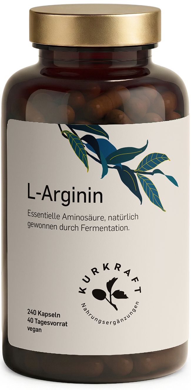Braune Glasflasche mit L-Arginin Kapseln. Aufschrift: L-Arginin, essentielle Aminosäure, natürlich gewonnen durch Fermentation. Kurkraft Logo, 240 Kapseln, 40 Tagesvorrat, vegan.