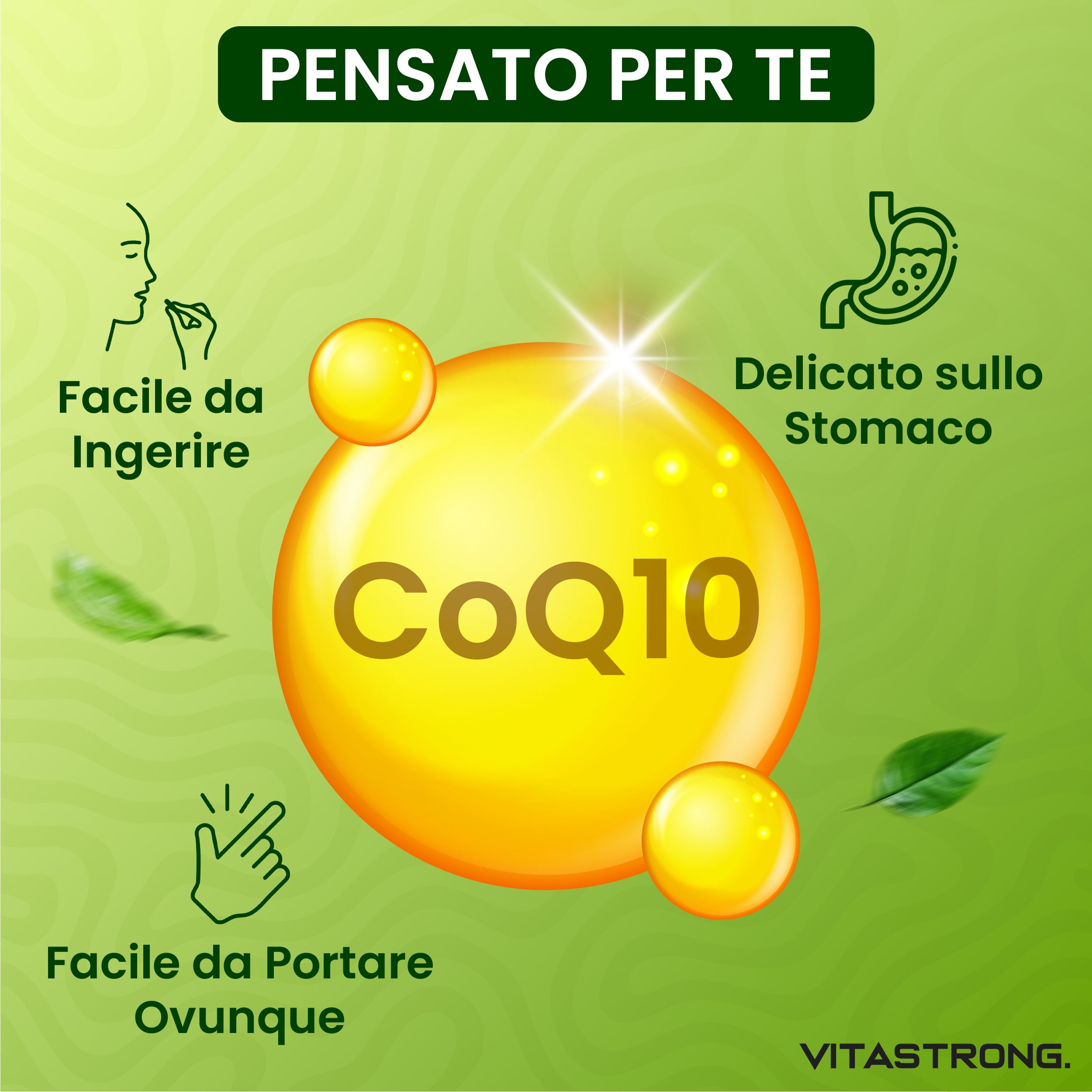Gelbe Kapsel-Illustrationen mit Text. CoQ10, leicht zu schlucken, magenfreundlich, leicht zu transportieren.