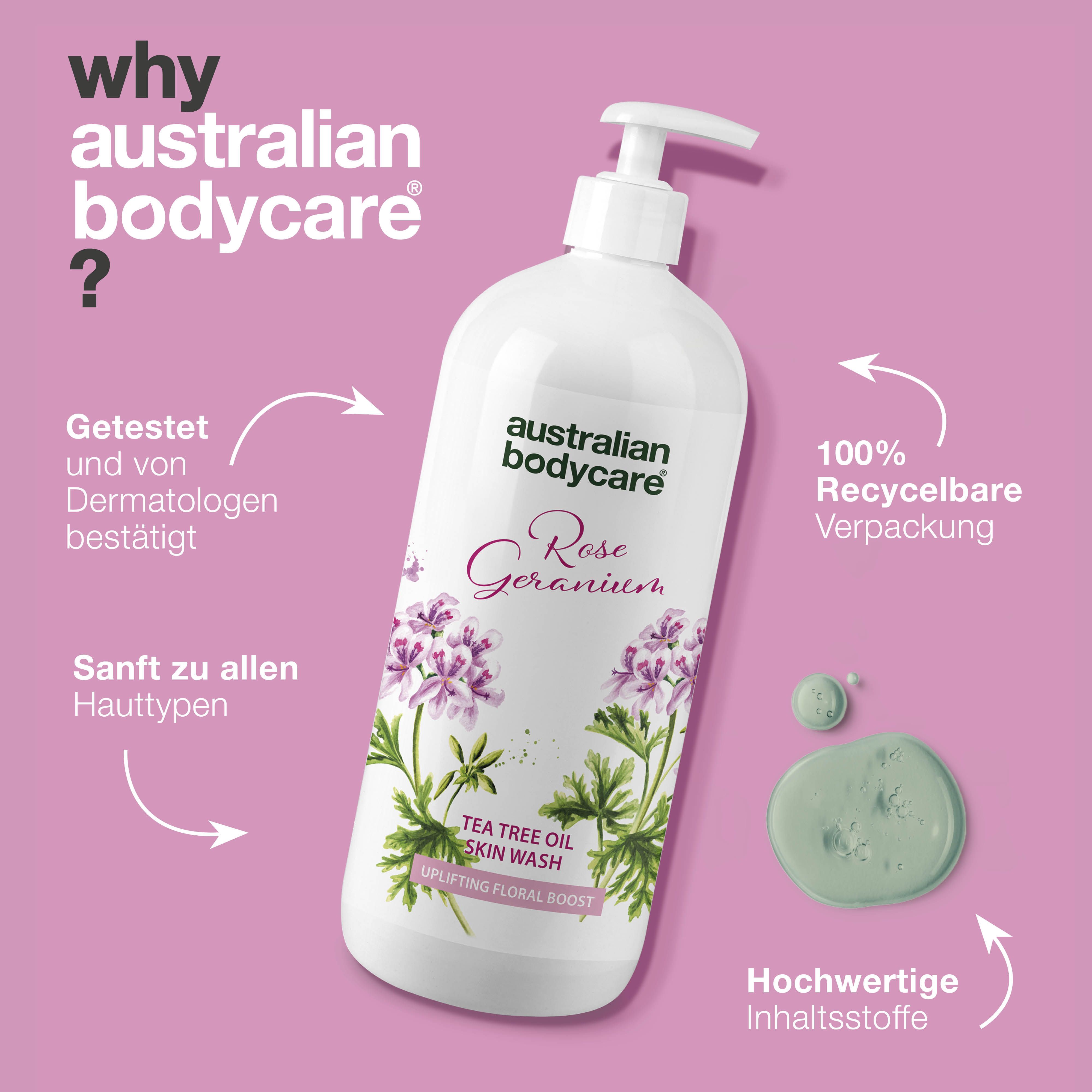 Produktflasche mit Text: Australian Bodycare, Rose Geranium, Tea Tree Oil Skin Wash.