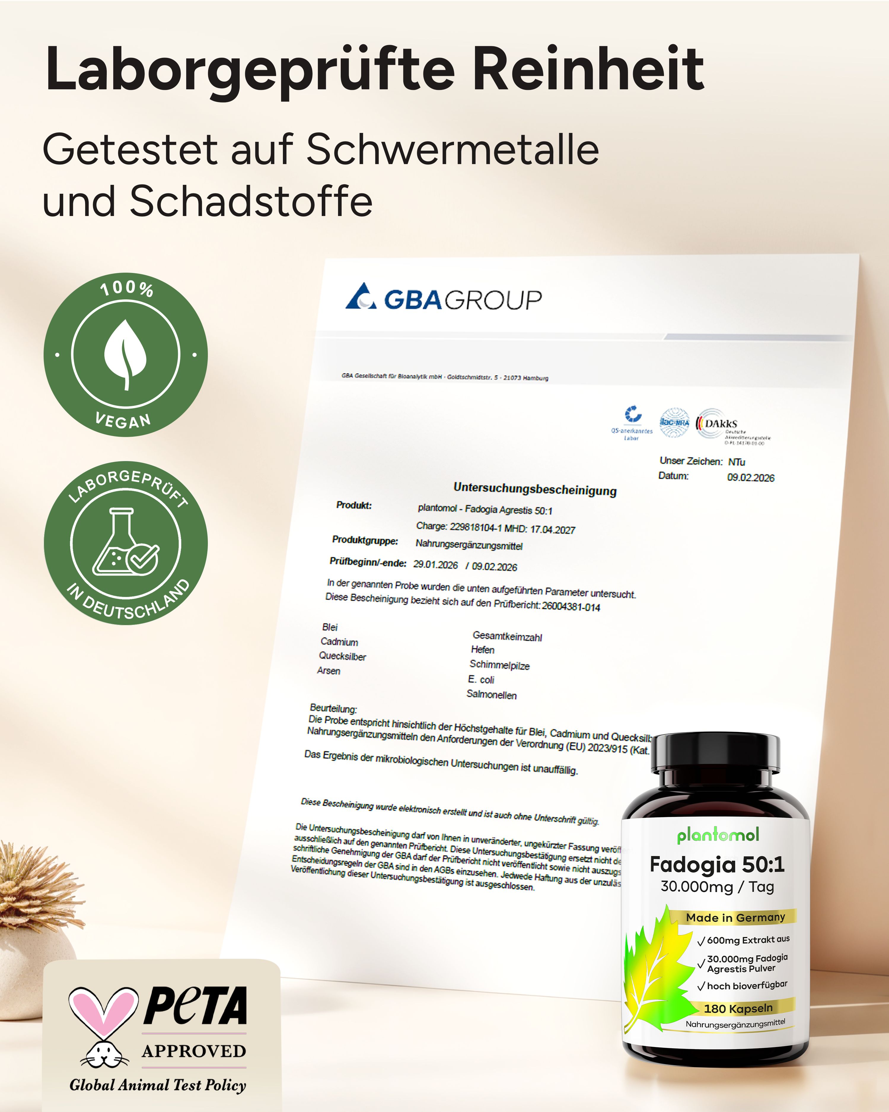 Zertifizierungsdokument mit plantomol Fadogia 50:1 Flasche. Vegan, Laborgeprüft in Deutschland, PETA-Approved.