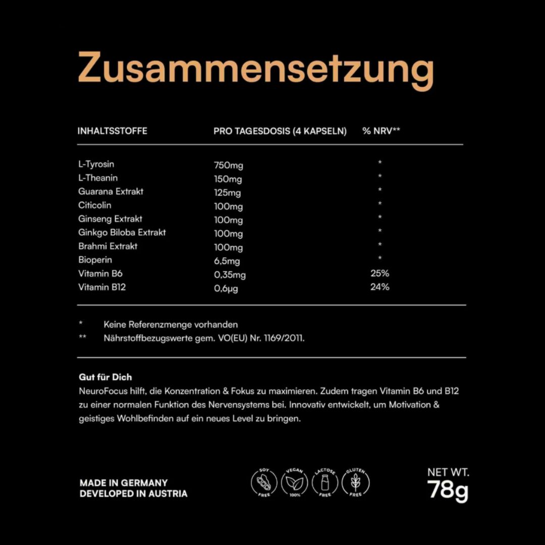 Zusammensetzungstabelle von Neurox NeuroFocus. Inhaltsstoffe, Dosierung, % NRV. Text: Made in Germany, Developed in Austria. Netto 78g.