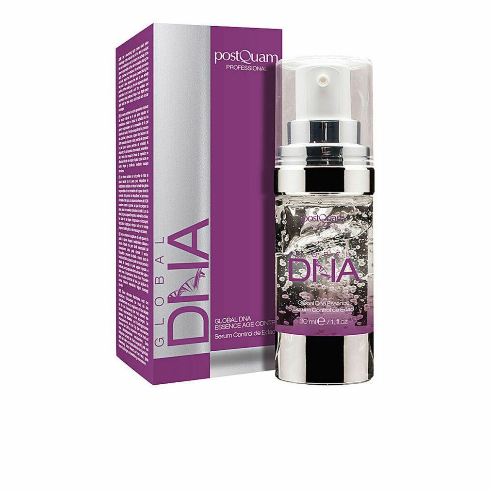 Serumflasche und Verpackung. Flasche mit Sprühkopf. Verpackung mit Aufschrift DNA und Logo.
