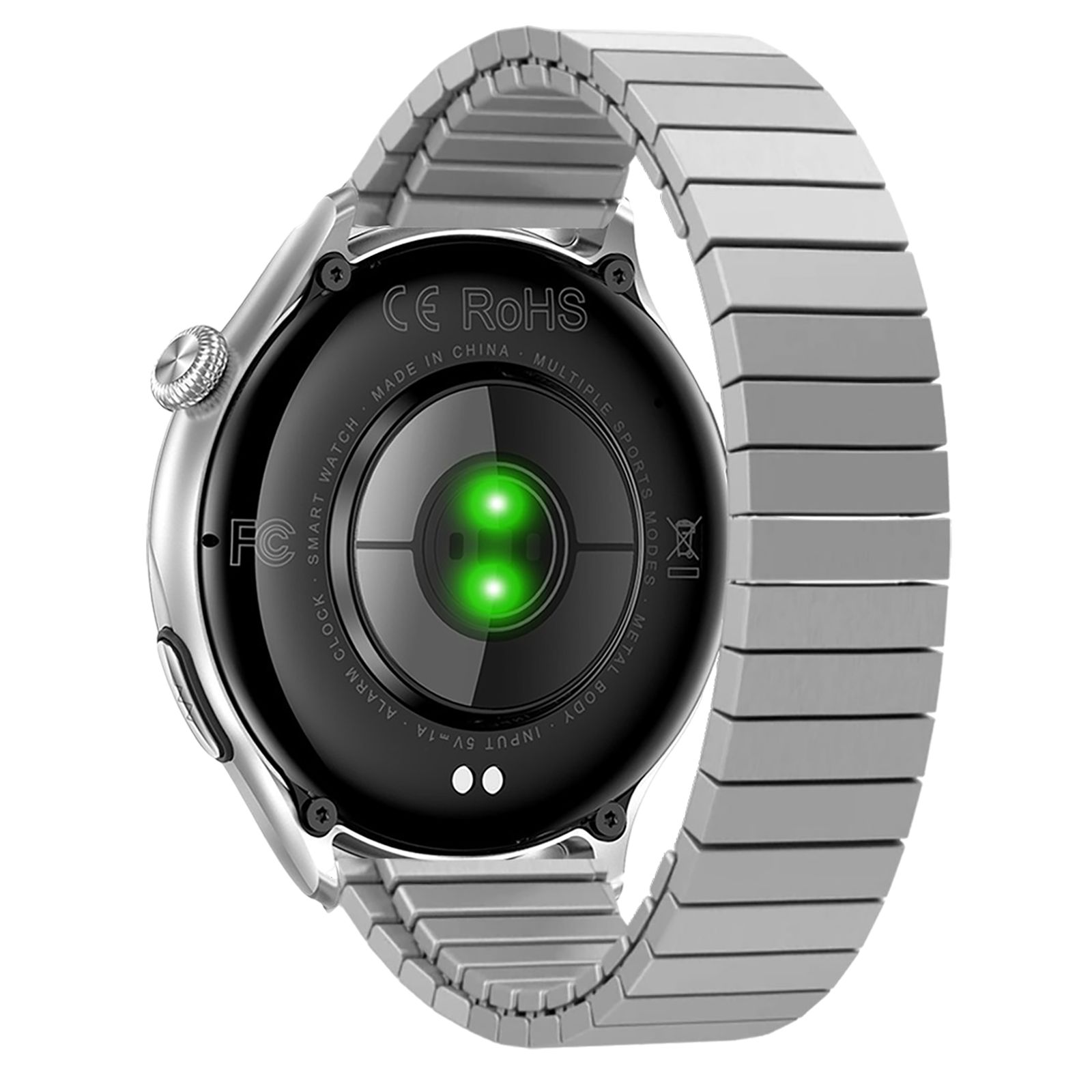 Rückseite einer Smartwatch. Schwarzer Hintergrund mit Sensoren und grünen Lichtern. CE und RoHS Zeichen.