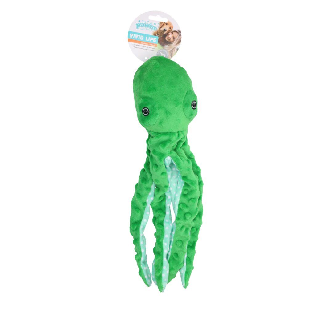 Grüner Plüsch-Oktopus mit weißen Punkten an den Tentakeln. Anhänger mit Logo und Produktname.