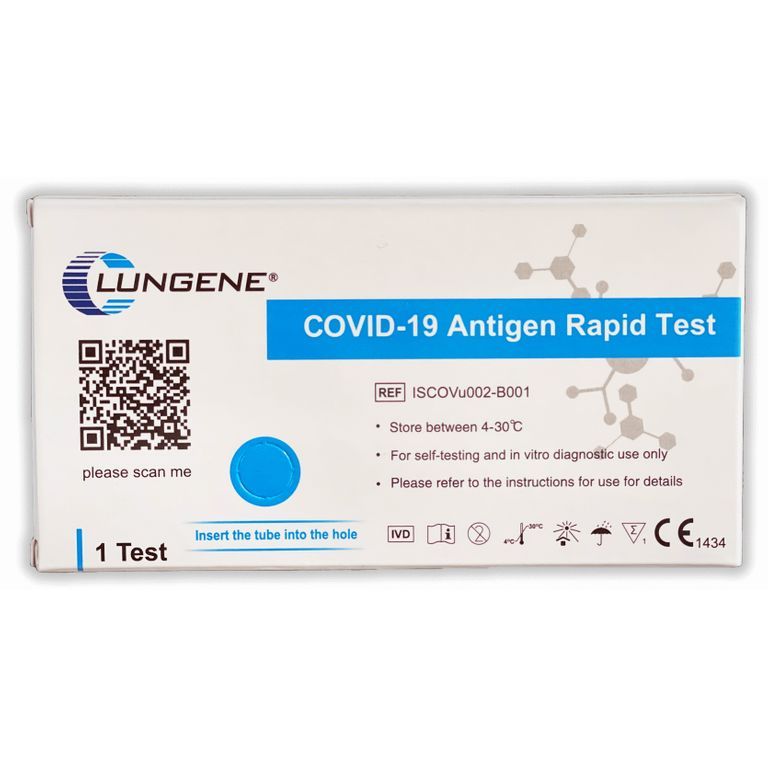Schachtel mit Clungene COVID-19 Antigen Rapid Test. Blaue Akzente, QR-Code, Text: '1 Test'. CE-Kennzeichnung.