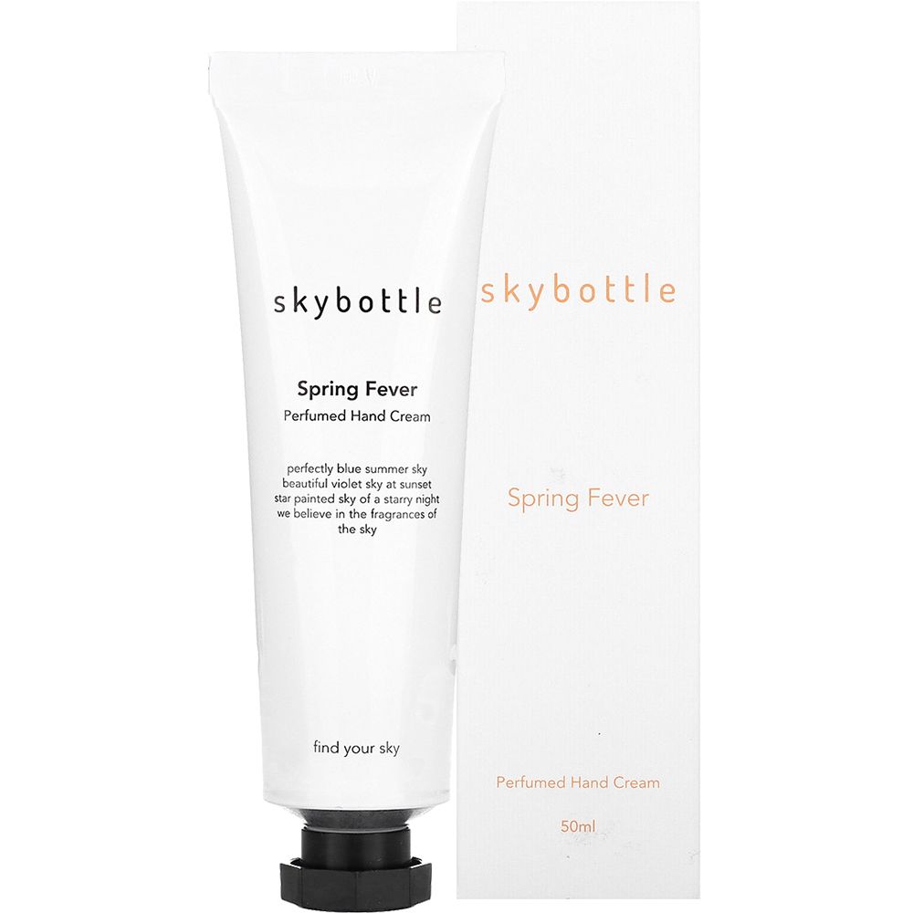 Weiße Tube und Schachtel. Aufschrift: skybottle, Spring Fever, Perfumed Hand Cream. 50ml.