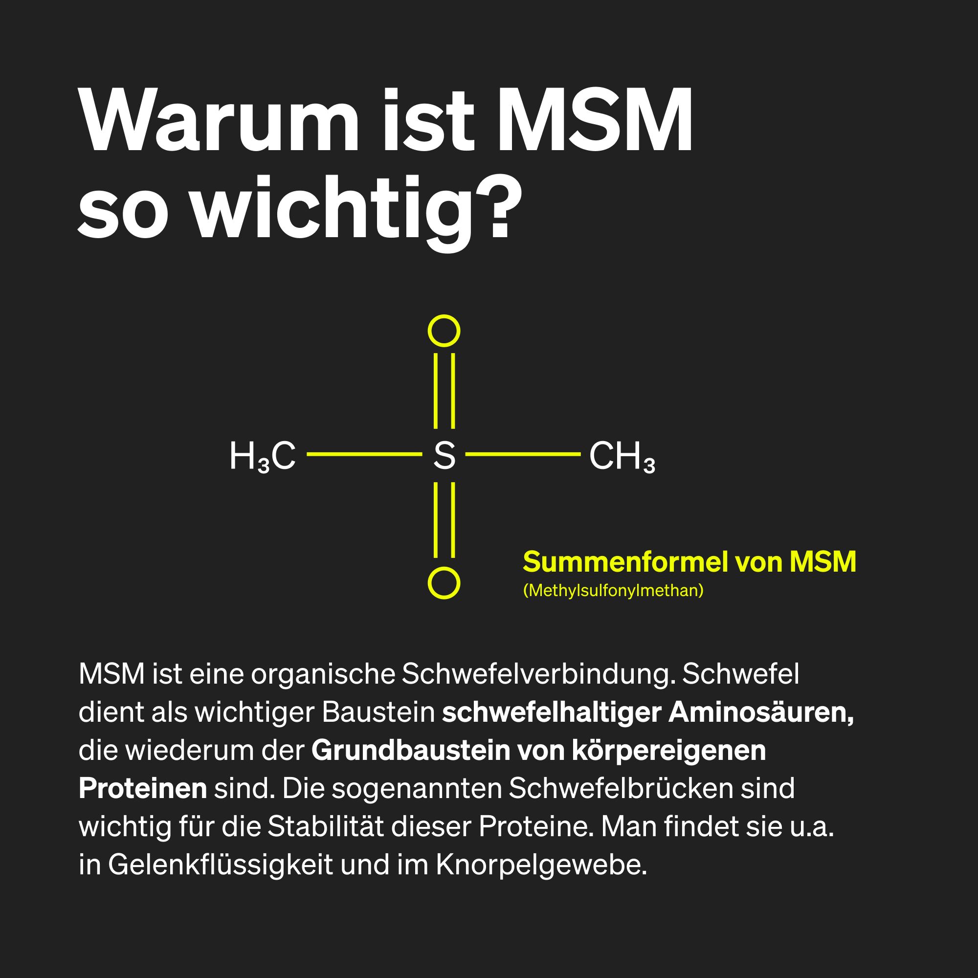 Grafik mit chemischer Formel von MSM. Text erklärt die Bedeutung von MSM und Schwefel für den Körper.