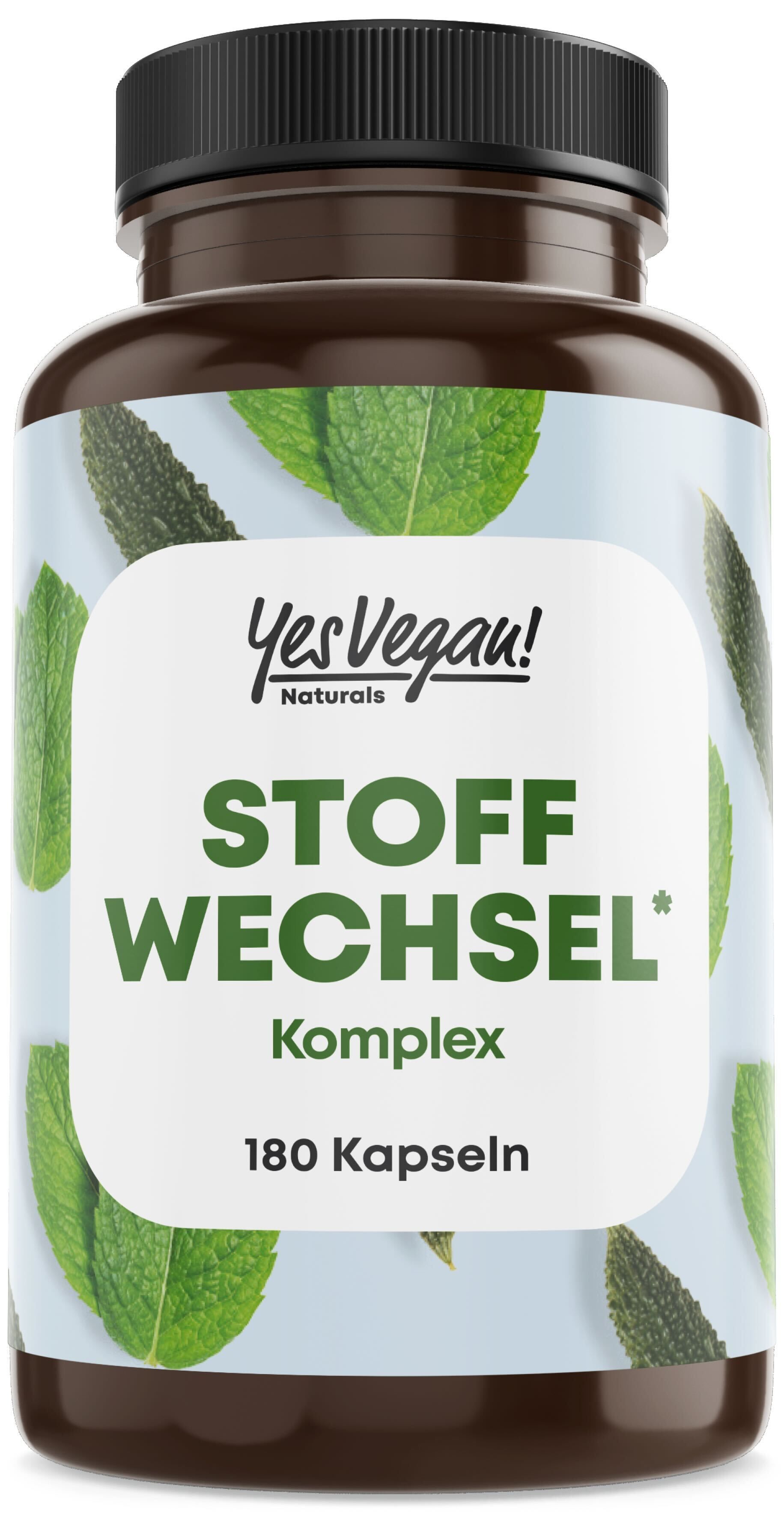 Braune Flasche mit weißem Etikett. Text: Yes Vegan! Stoffwechsel Komplex, 180 Kapseln.