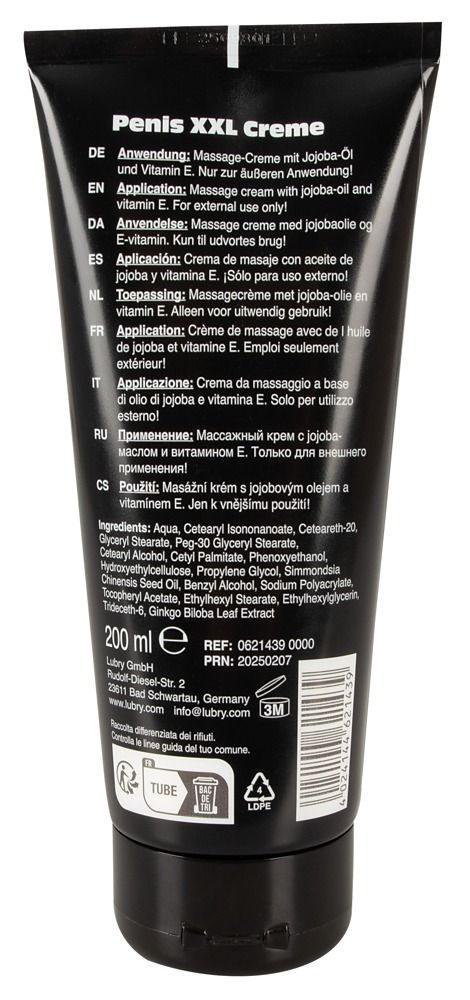 Rückseite der schwarzen Tube. Text in mehreren Sprachen. Inhaltsstoffe und Herstellerangaben.