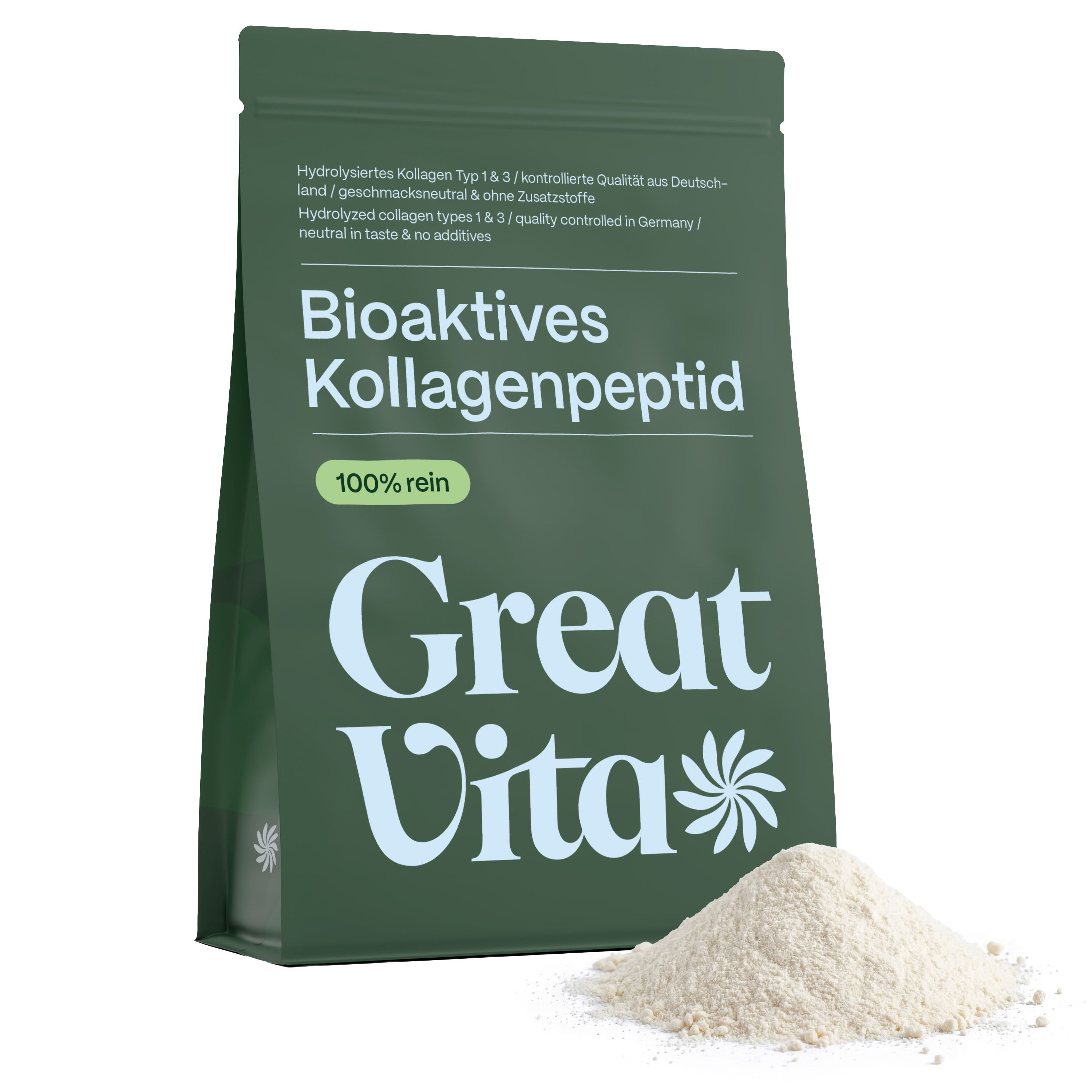 Grüne Verpackung mit Text: Bioaktives Kollagenpeptid, 100% rein, Great Vita. Pulver auf Teller.