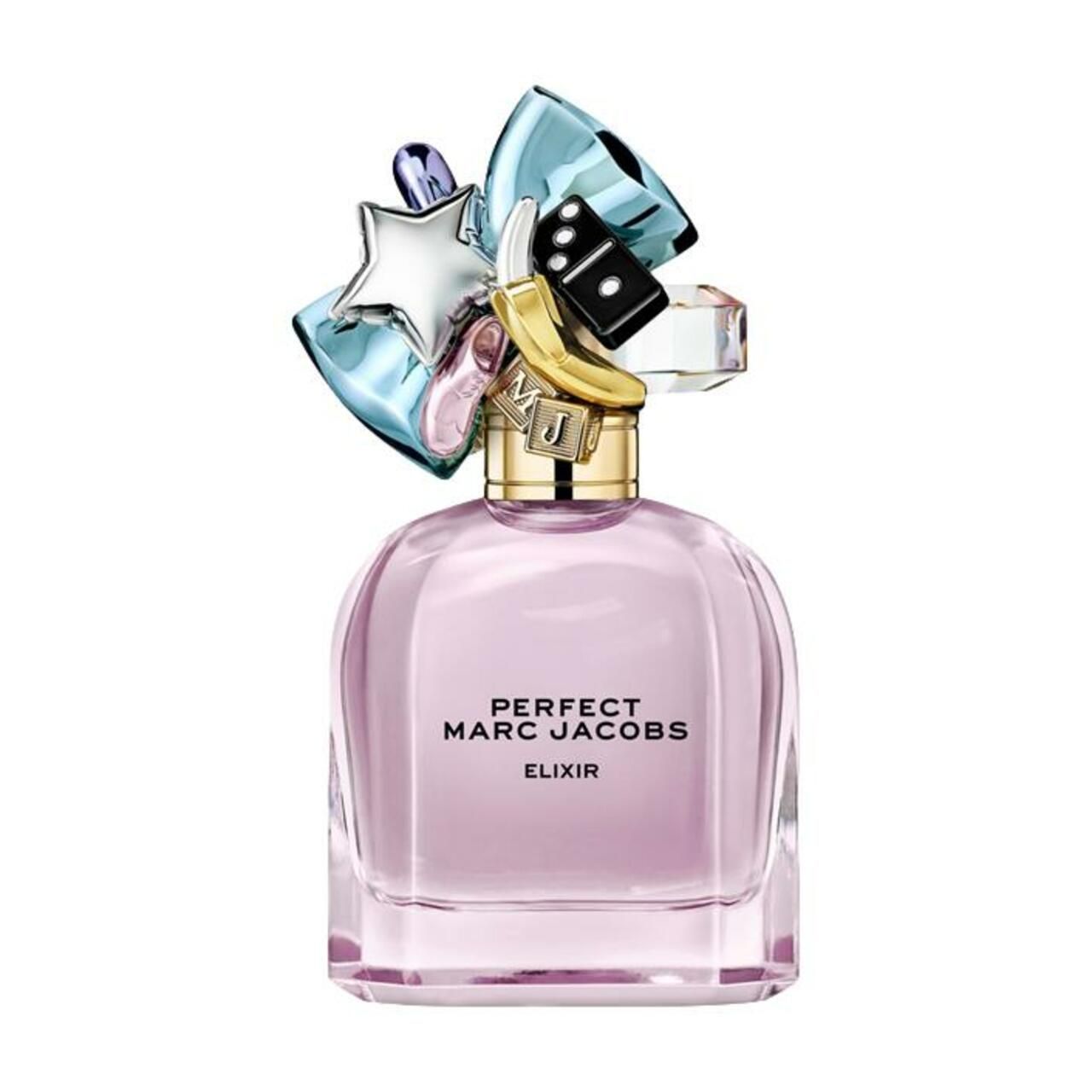 Flakon mit rosa Flüssigkeit, goldfarbenem Verschluss und dekorativem Aufsatz. Aufschrift: Perfect Marc Jacobs Elixir.