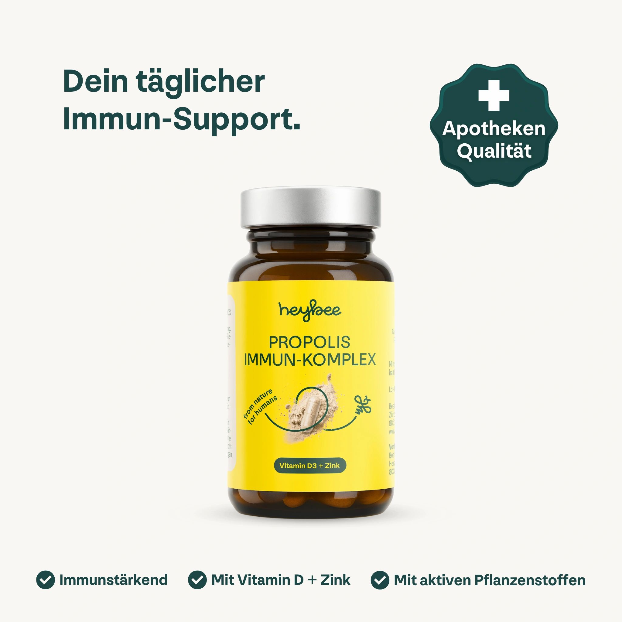 Braune Glasflasche mit gelbem Etikett. Aufschrift: Heybee Propolis Immun-Komplex. Enthält Vitamin D + Zink. Apotheken Qualität.