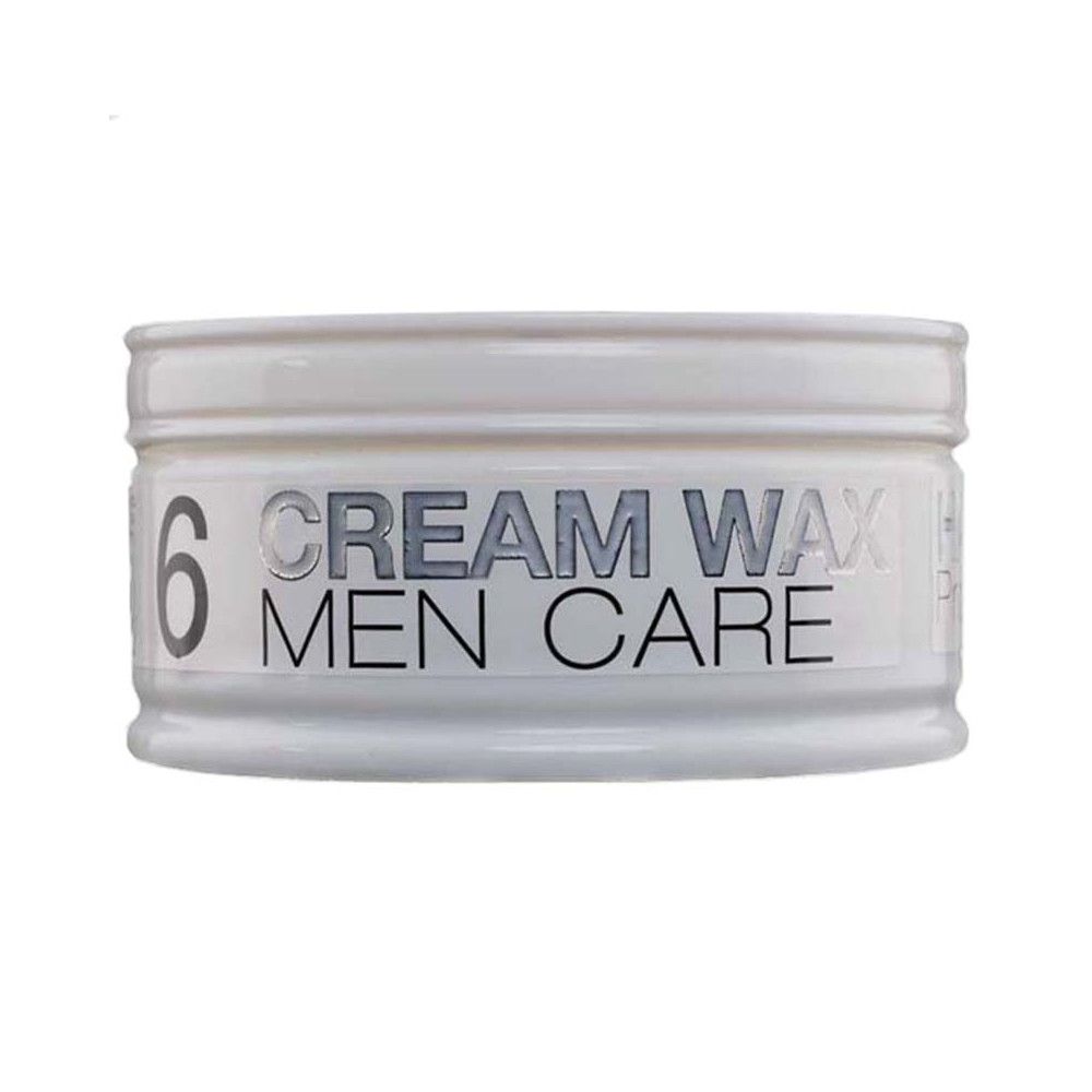 Weißer Tiegel mit "CREAM WAX MEN CARE" Schriftzug. Graue Ziffer "6" links. Deckel mit umlaufender Rille.