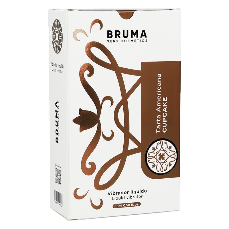 Bruma Flüssigvibrator Cupcake Geschmack, 15ml. Weiße Verpackung mit braunen Verzierungen und Produktinformationen.