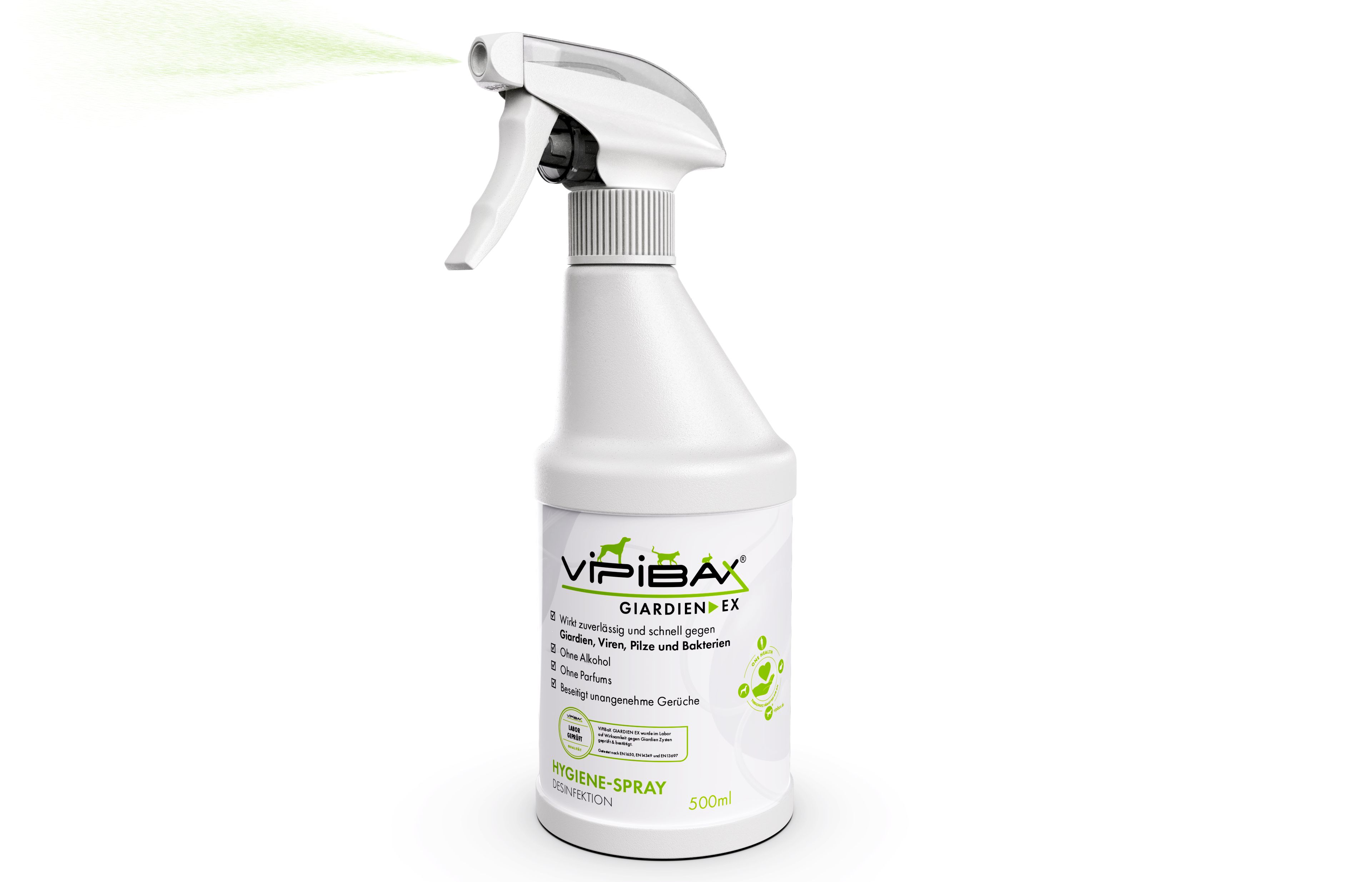Weiße Sprühflasche mit grünem Aufdruck. Produktname: ViPiBaX Giardien EX®. Sprühkopf. Flüssigkeit wird versprüht.