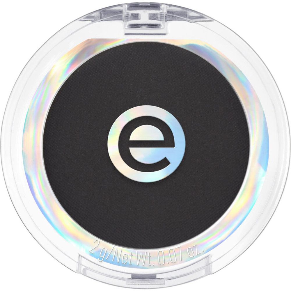Runder, schwarzer Lidschatten in transparenter Dose. Logo 'e' und Schriftzug '2 g/Net WT 0.07 oz'.
