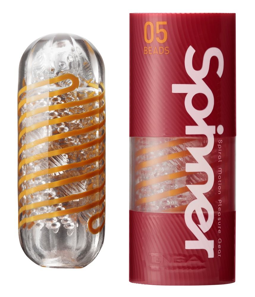 TENGA Spinner Beads 05: Transparenter Behälter mit orangefarbenen Spiralen und inneren Perlen.