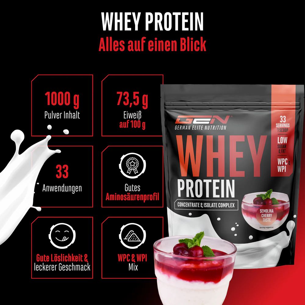 GEN Whey Protein Komplex. Schwarze Verpackung mit Produktinformationen. 1000g Pulver, 73,5g Eiweiß pro 100g. 33 Portionen. WPC & WPI Mix.