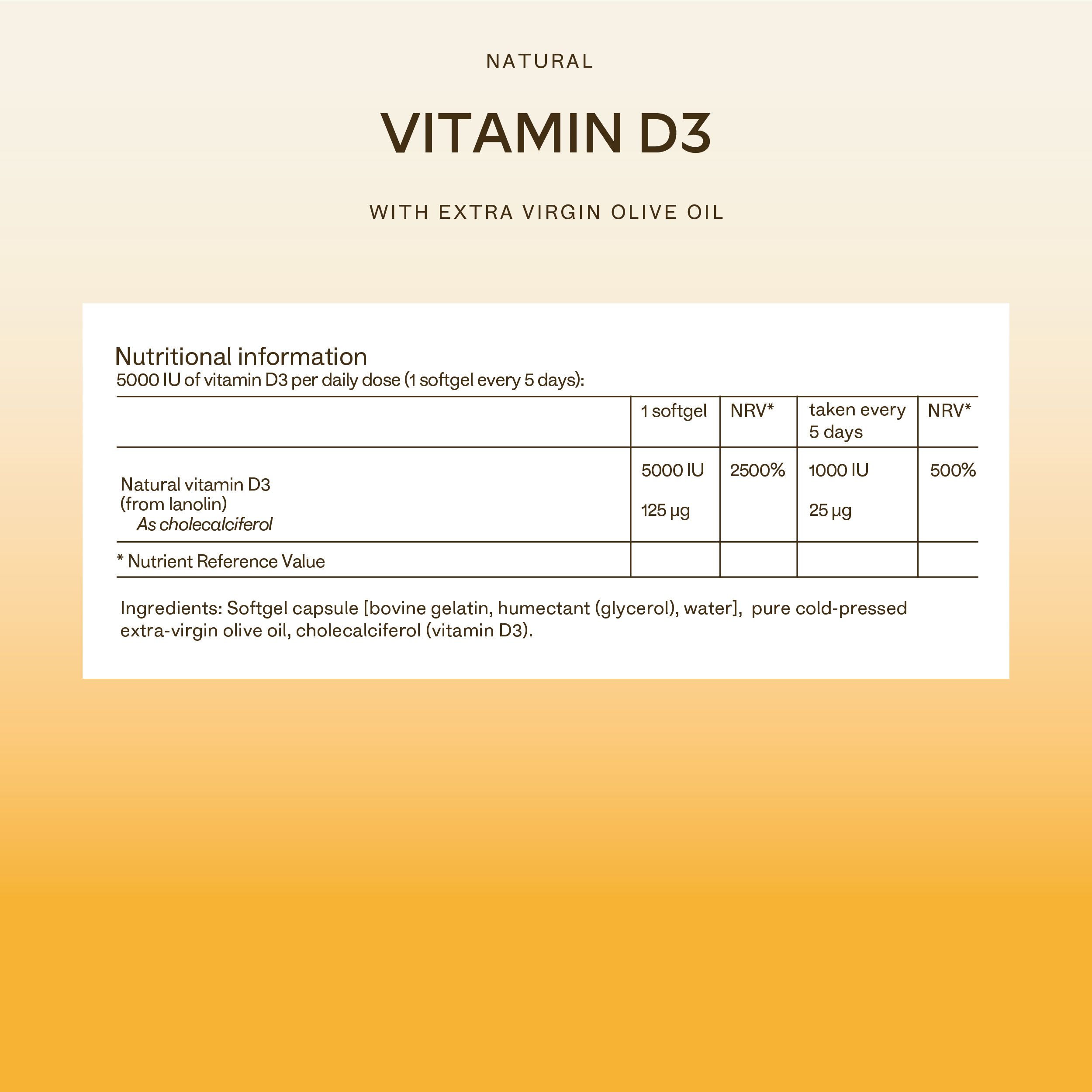 Aavalabs Vitamin D3 Nährwertangaben: 5000 IE pro Dosis, mit Olivenöl.