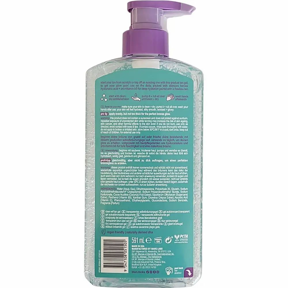 Rückseite einer transparenten Flasche mit lila Pumpe. Text in mehreren Sprachen. Aufschrift: "glow your own way".