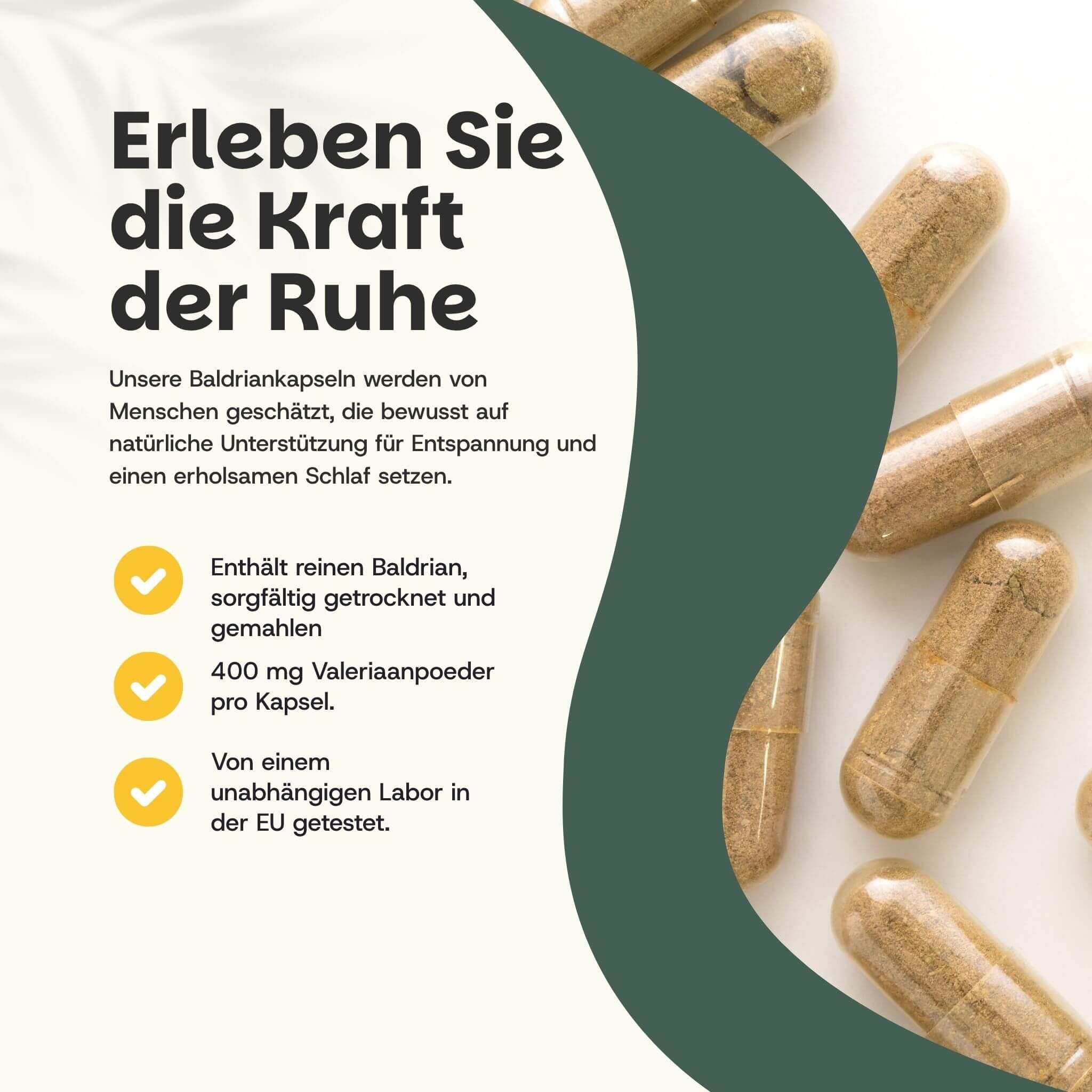 Beutel mit Kapseln. Aufschrift: Valerian 10:1 Extract Capsules. 60 Kapseln. Enthält 100% Baldrian. Braune Verpackung.