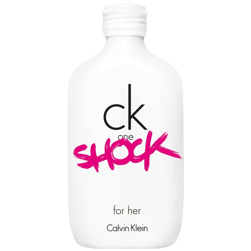 Weiße Verpackung mit "ck one shock" und "for her" Schriftzug. Text: Calvin Klein eau de toilette.