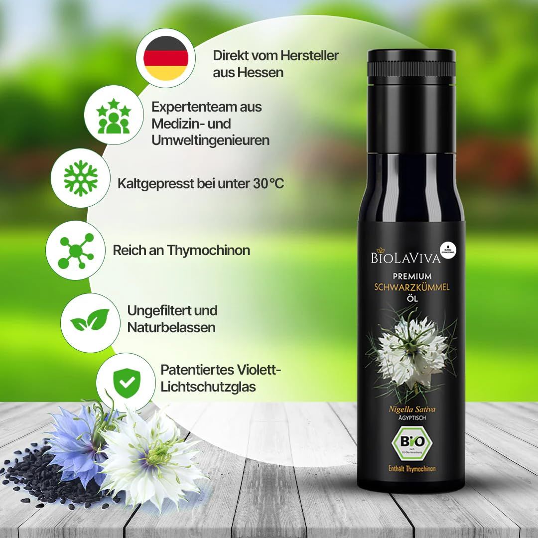 BIOLAVIVA Premium Schwarzkümmel Öl Flasche. Schwarze Flasche, schwarzer Deckel, Etikett mit Blüte, Logo und BIO-Siegel.
