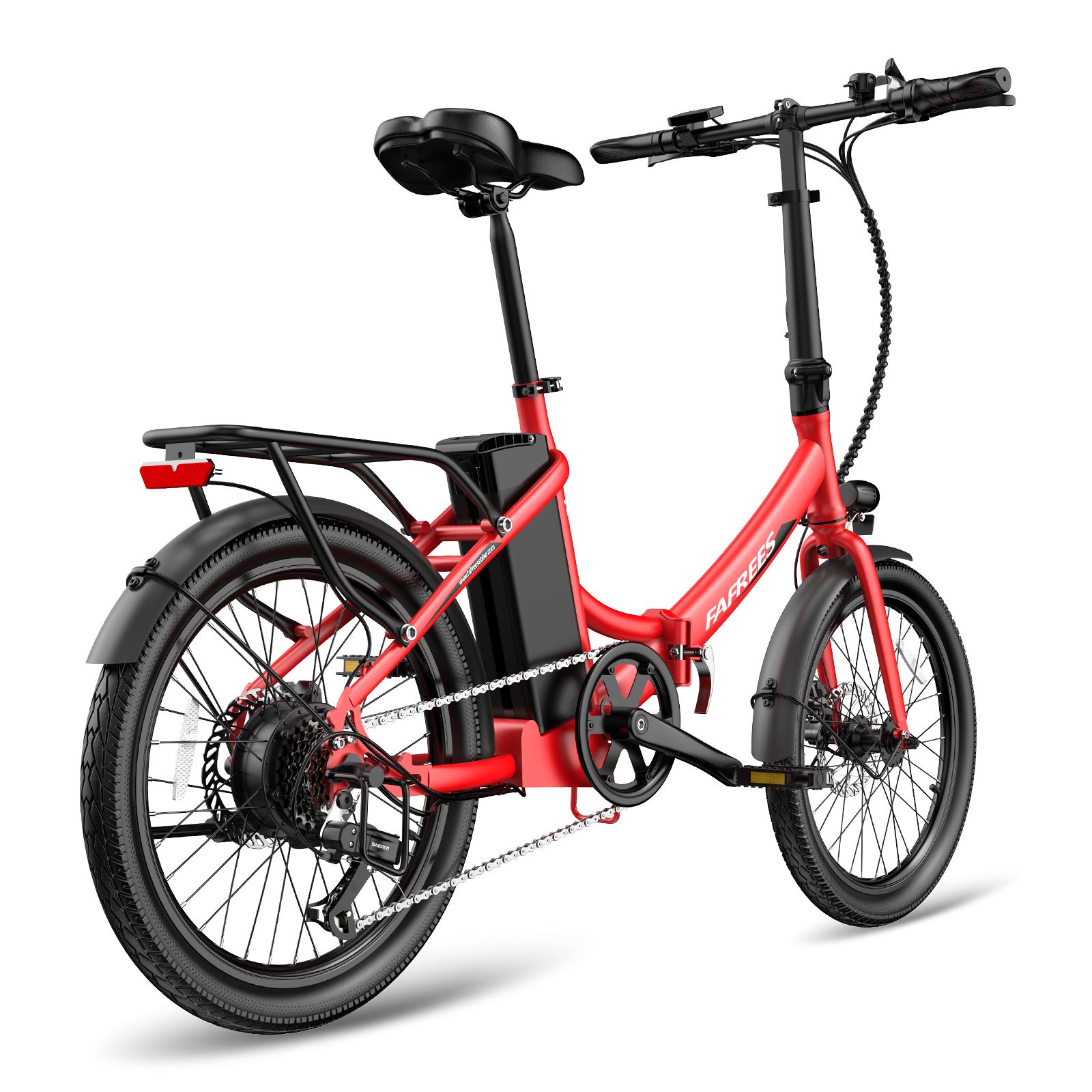 Rotes Fafrees F20Light E-Bike. Schwarze Komponenten, Gepäckträger, Kotflügel. Rückansicht.