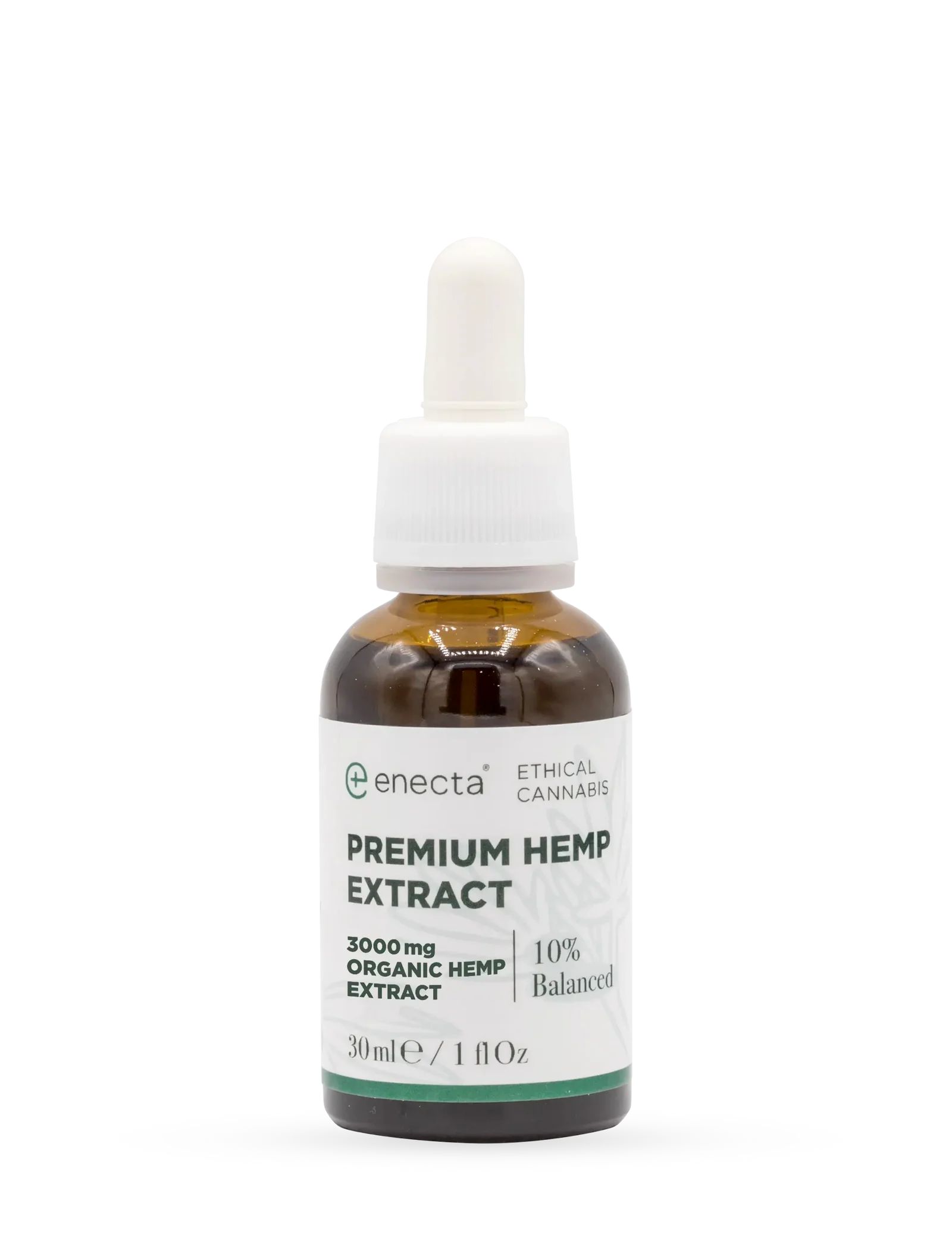 Braune Glasflasche mit Pipette. Aufschrift: Premium Hemp Extract, 30 ml/1 fl oz, 10% Balanced.