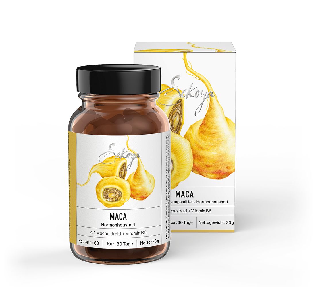 Braune Glasflasche und Schachtel mit Sekoya Swiss Maca. Aufschrift: Maca, Hormonhaushalt, 4:1 Macaextrakt + Vitamin B6. 60 Kapseln.