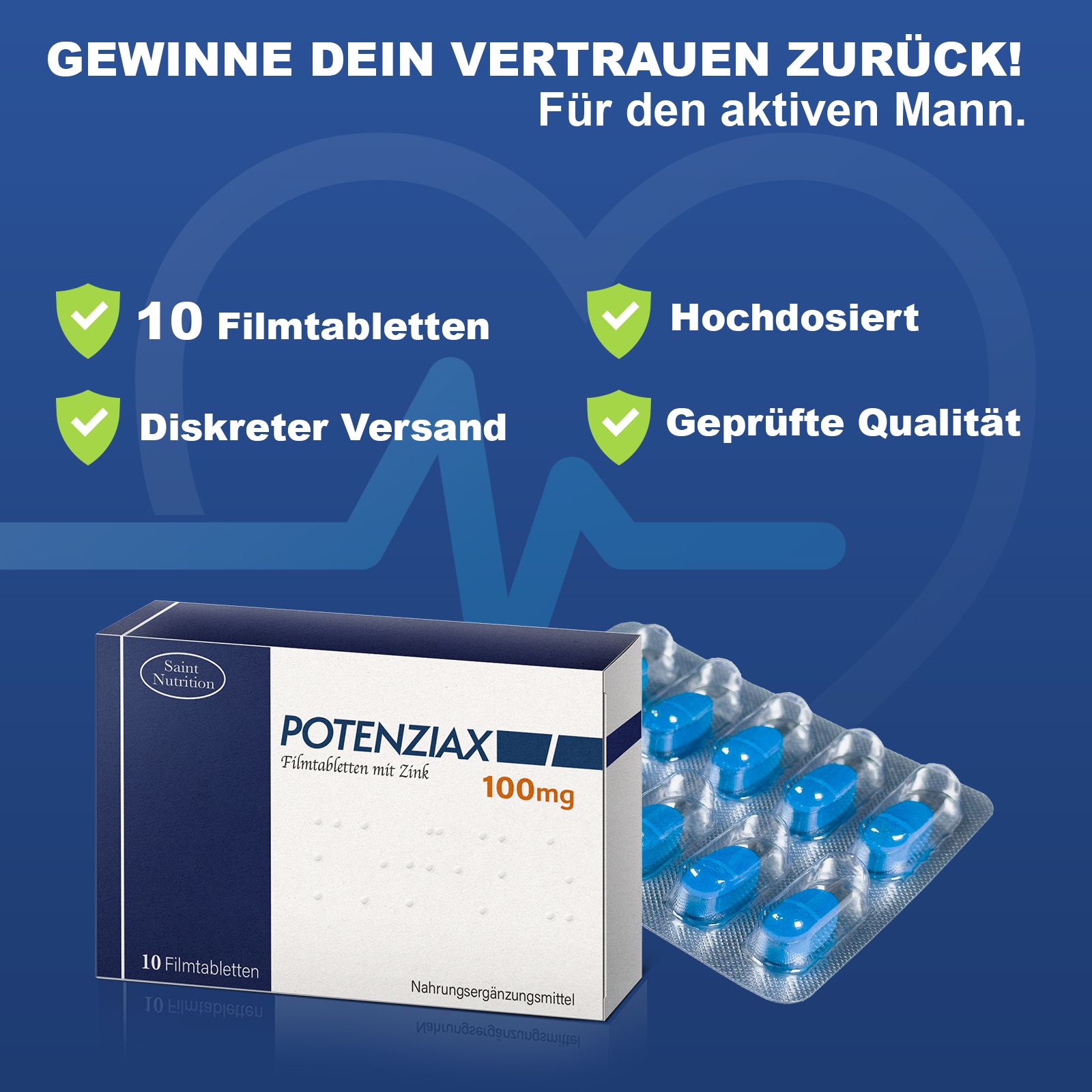 Potenziax-Packung und Blisterpackung mit blauen Tabletten. Text: 10 Filmtabletten, diskreter Versand, geprüfte Qualität, hochdosiert.