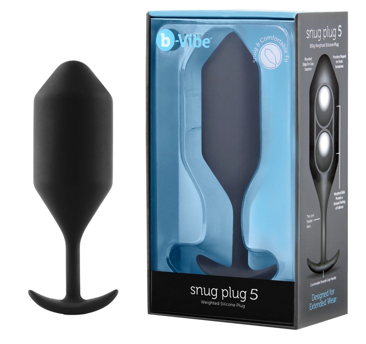 Schwarzer Plug neben Verpackung. Produktname: Snug Plug 5. Marke: b-Vibe. Verpackung mit transparentem Fenster.