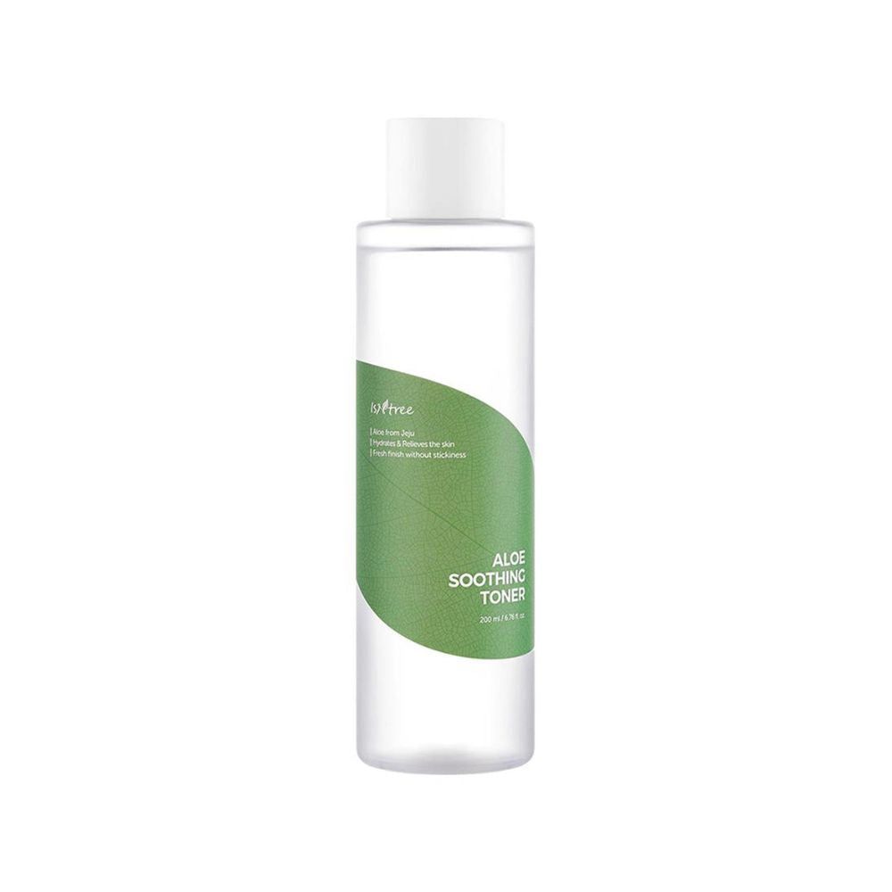 Klare Flasche mit weißem Deckel. Grünes Etikett mit Text: Aloe Soothing Toner. Isntree-Logo.