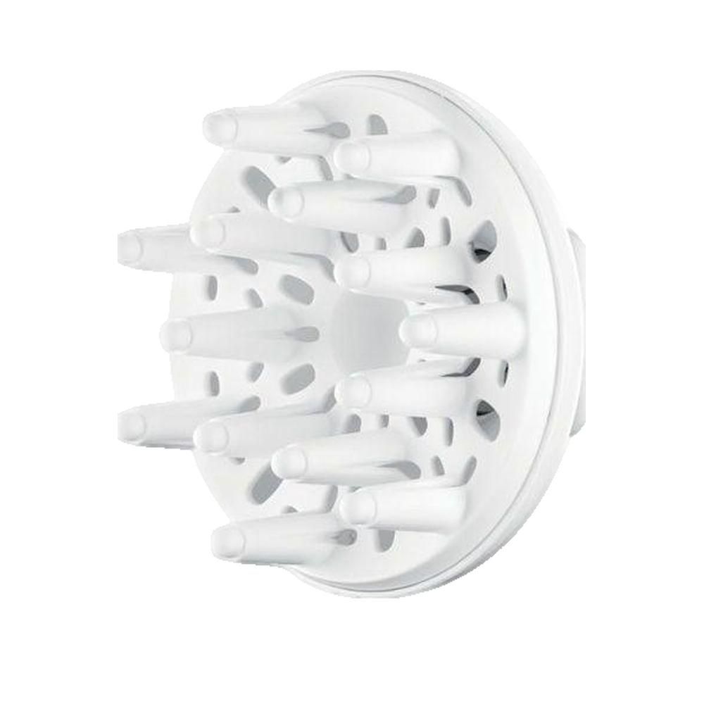 Weißer Diffusor-Aufsatz für Haartrockner mit zylindrischen Ausläufern.