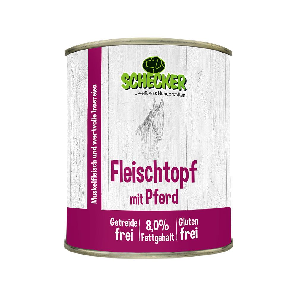 Schecker Fleischtopf mit Pferd. Dose mit Etikett. Text: Getreide frei, Gluten frei. Logo und Pferdezeichnung.