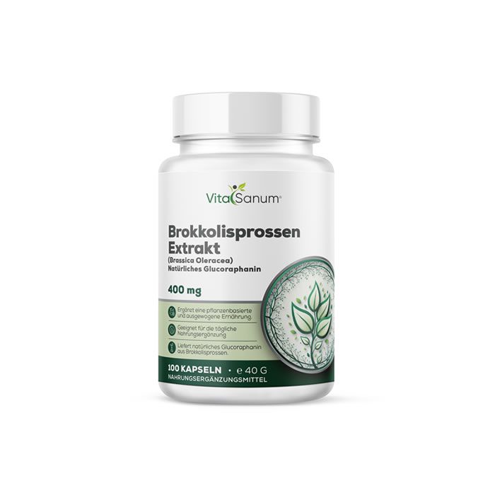 VitaSanum Brokkolisprossen-Extrakt Kapseln: 100 Kapseln, 400 mg pro Kapsel. Weißer Behälter mit grüner Etikettierung und Blattmotiv.