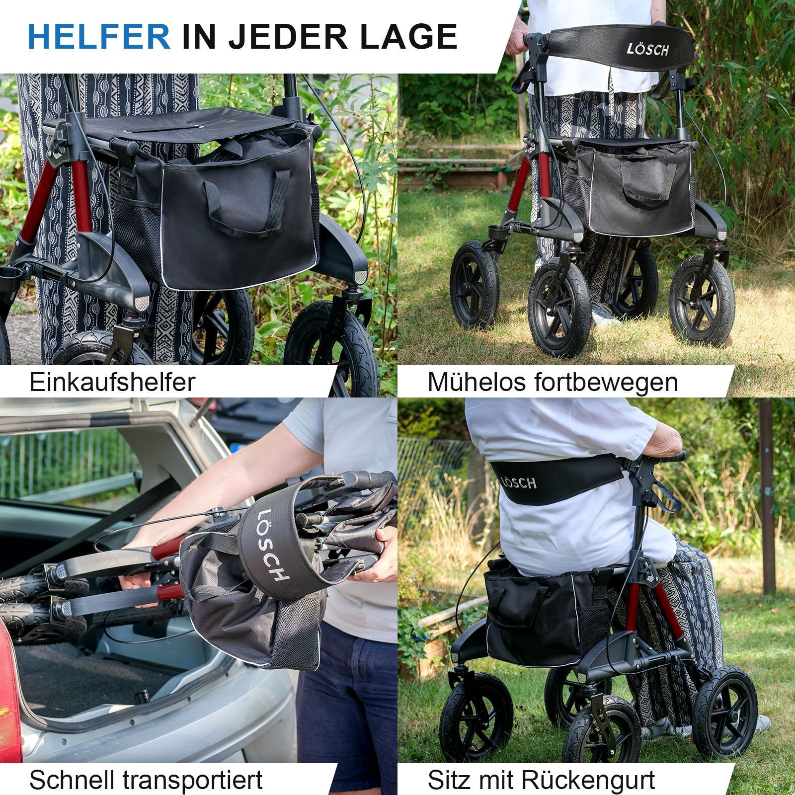 Rollator in verschiedenen Situationen: Einkaufshelfer, leichtes Fortbewegen, Transport im Auto, Sitz mit Rückengurt. Marke: Lösch.